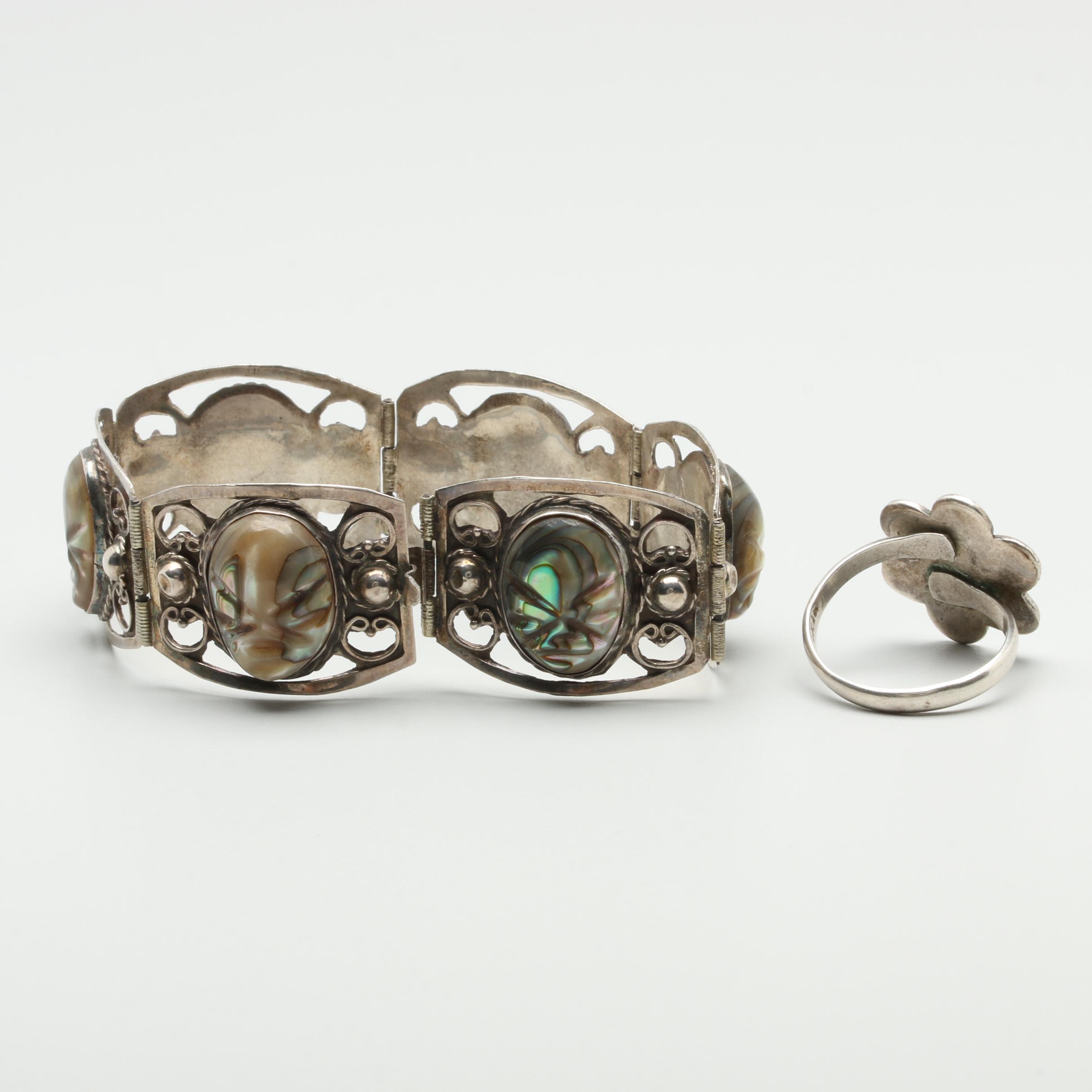Sterling Silver Jewelry Selection Including Abalone and Glass