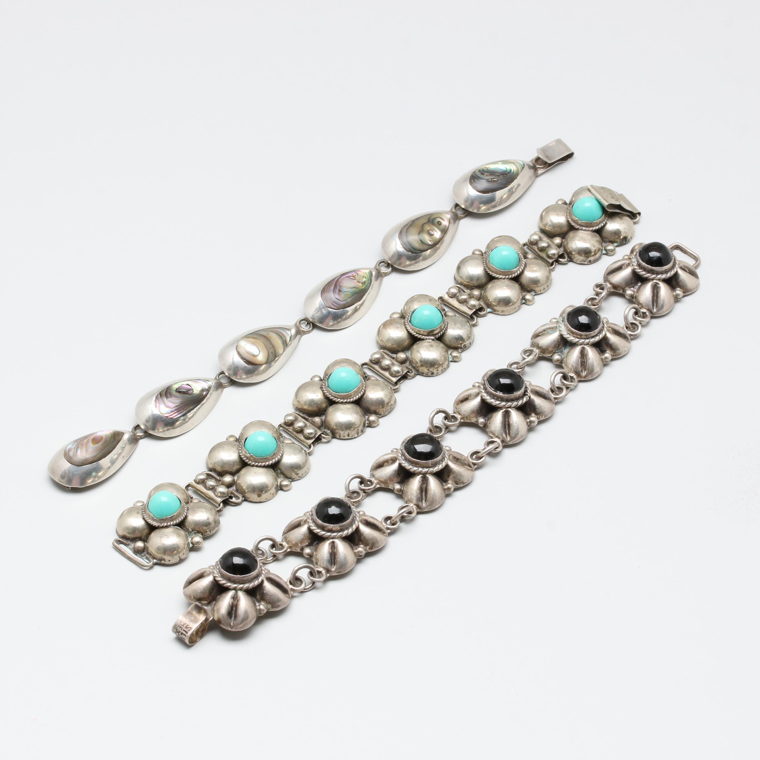 Mexican Sterling Abalone, Imitation Turquoise and Imitation Black Onyx Bracelets