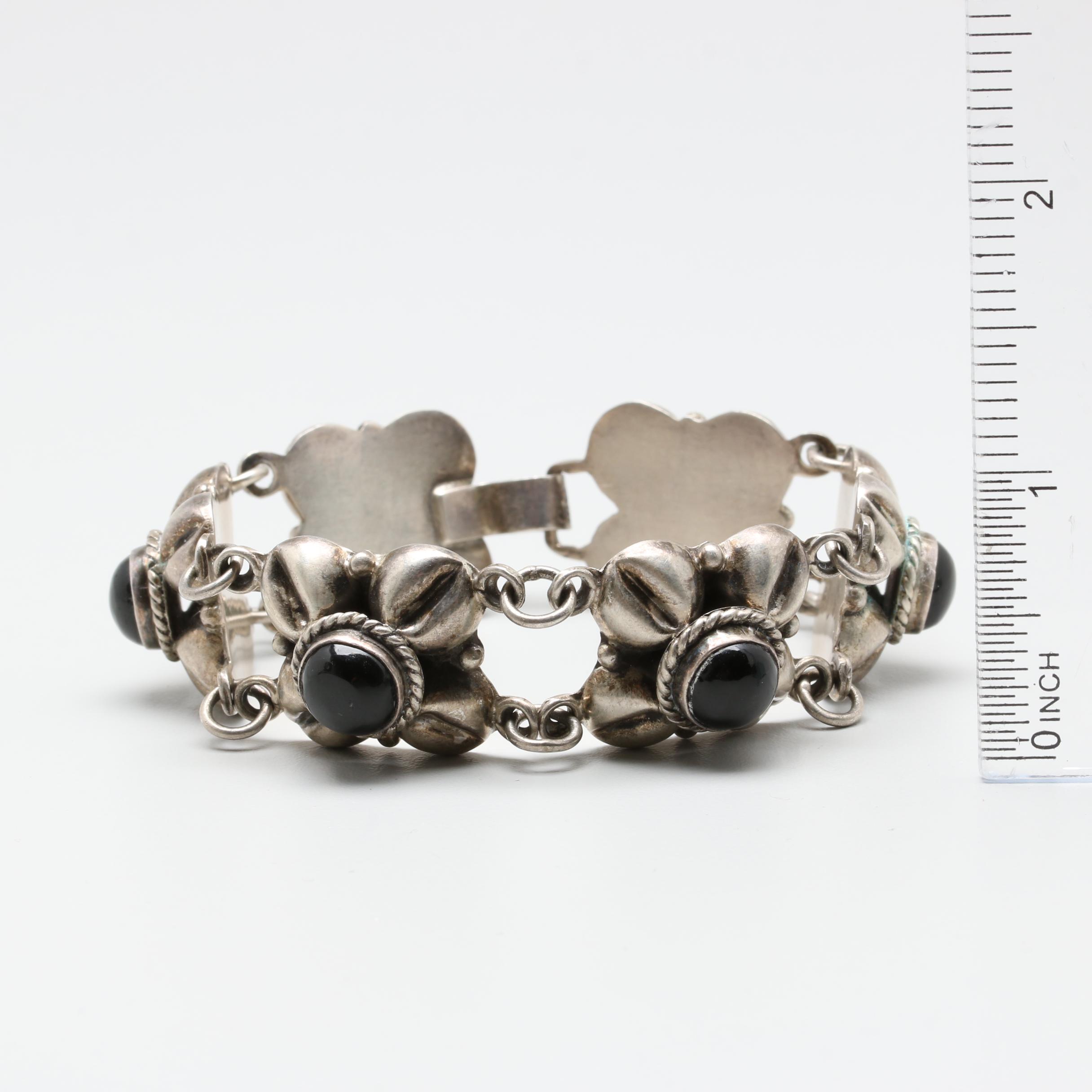 Mexican Sterling Abalone, Imitation Turquoise and Imitation Black Onyx Bracelets