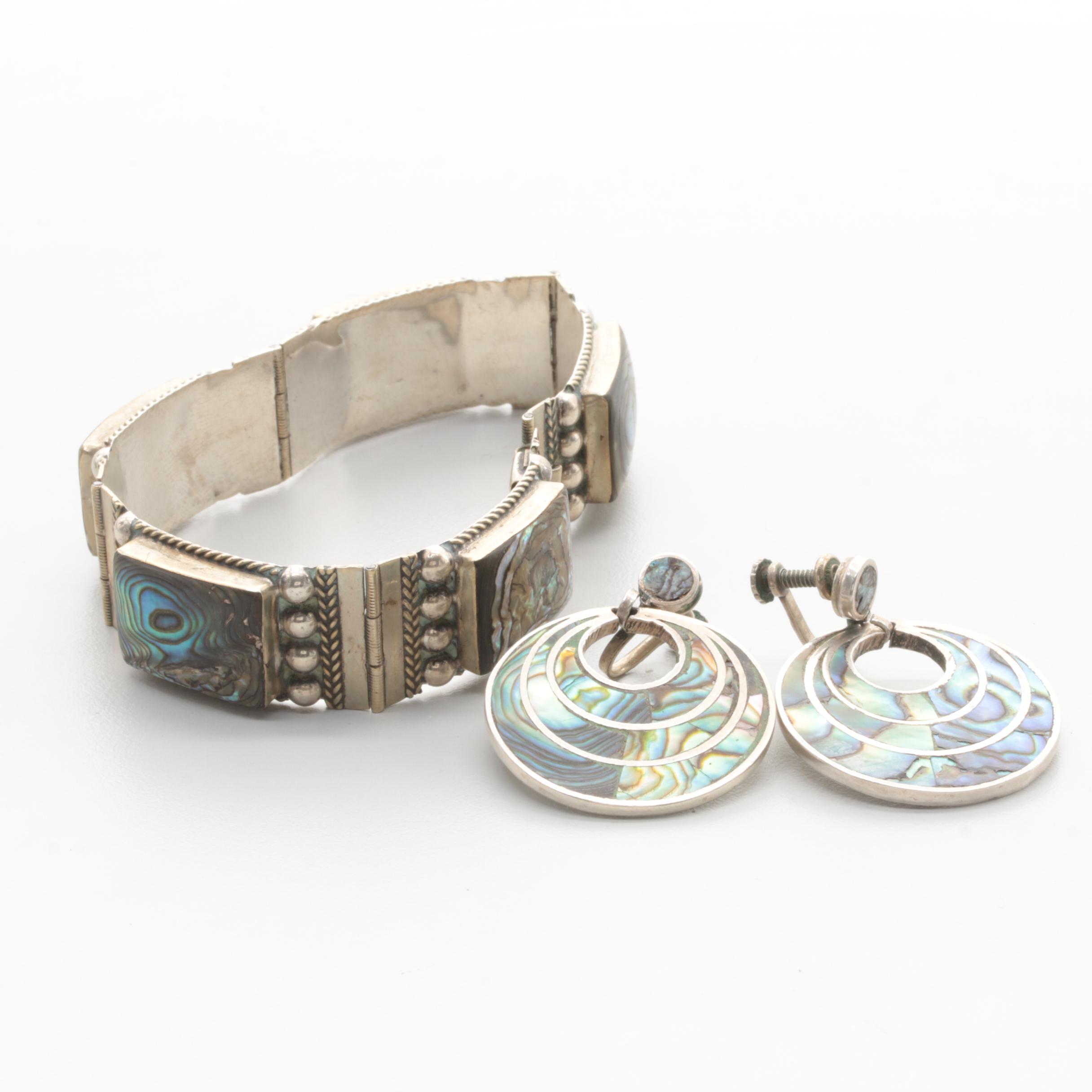 Mexican Sterling Silver Abalone Earrings and Bracelet