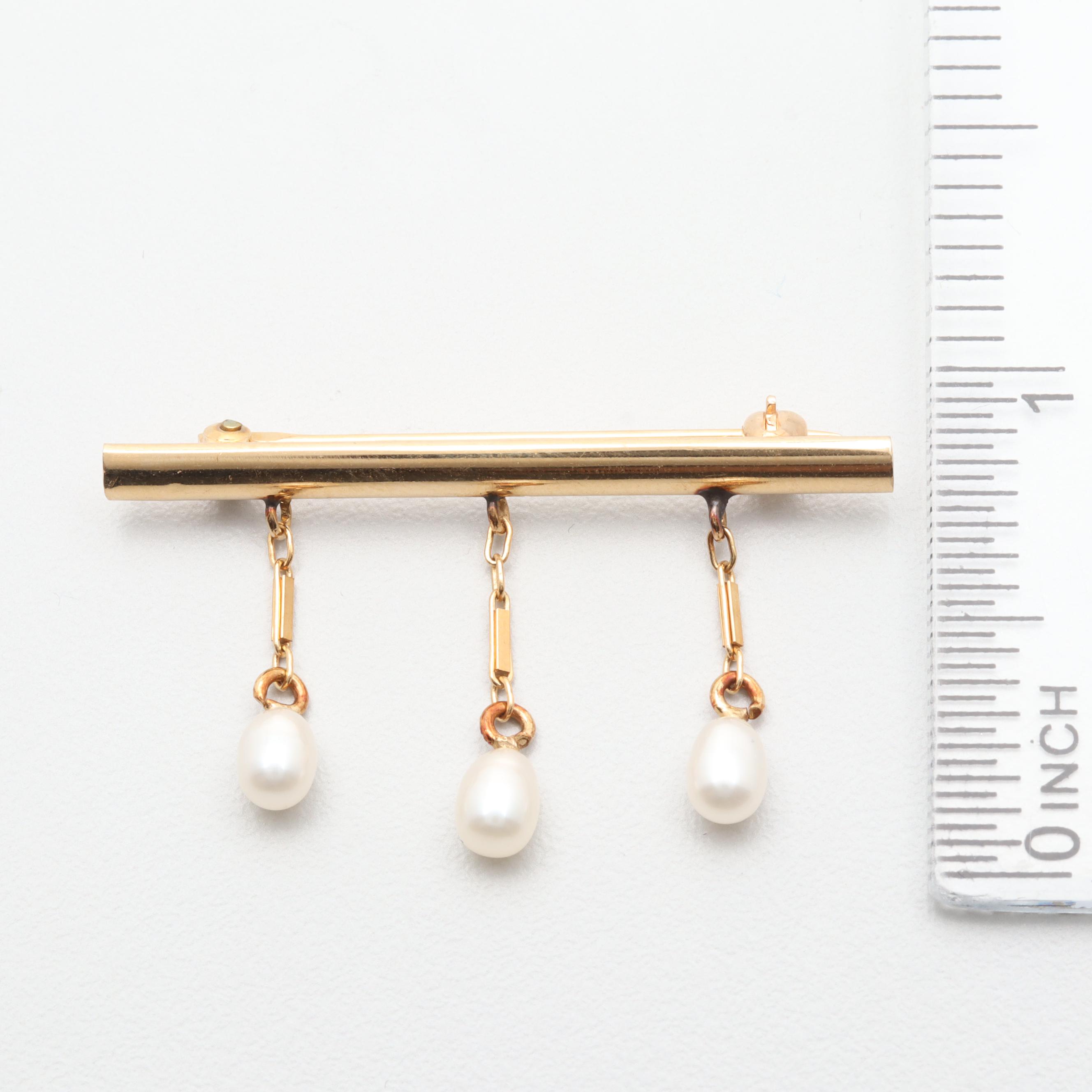 14K Yellow Gold Cultured Pearl Bar Brooch