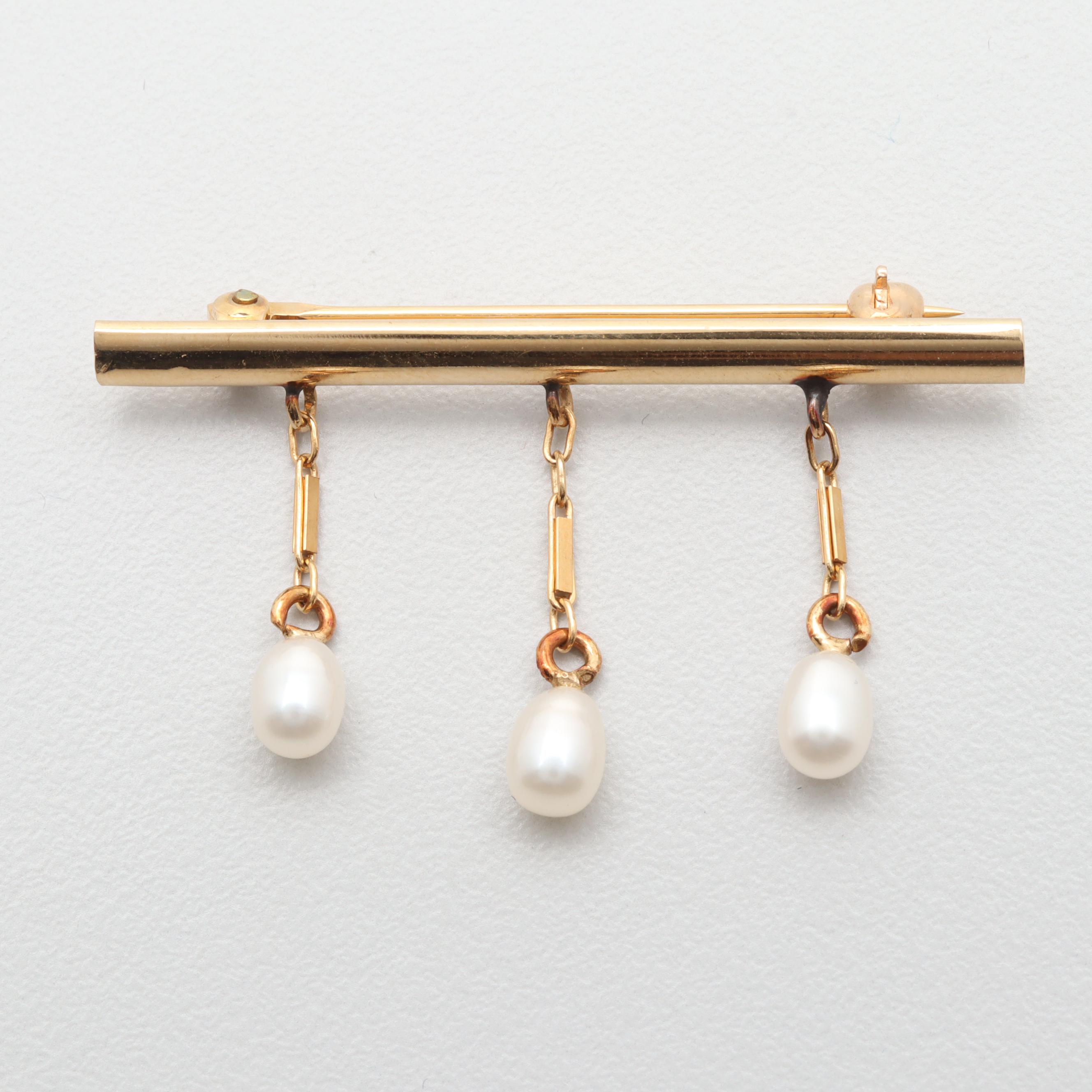 14K Yellow Gold Cultured Pearl Bar Brooch