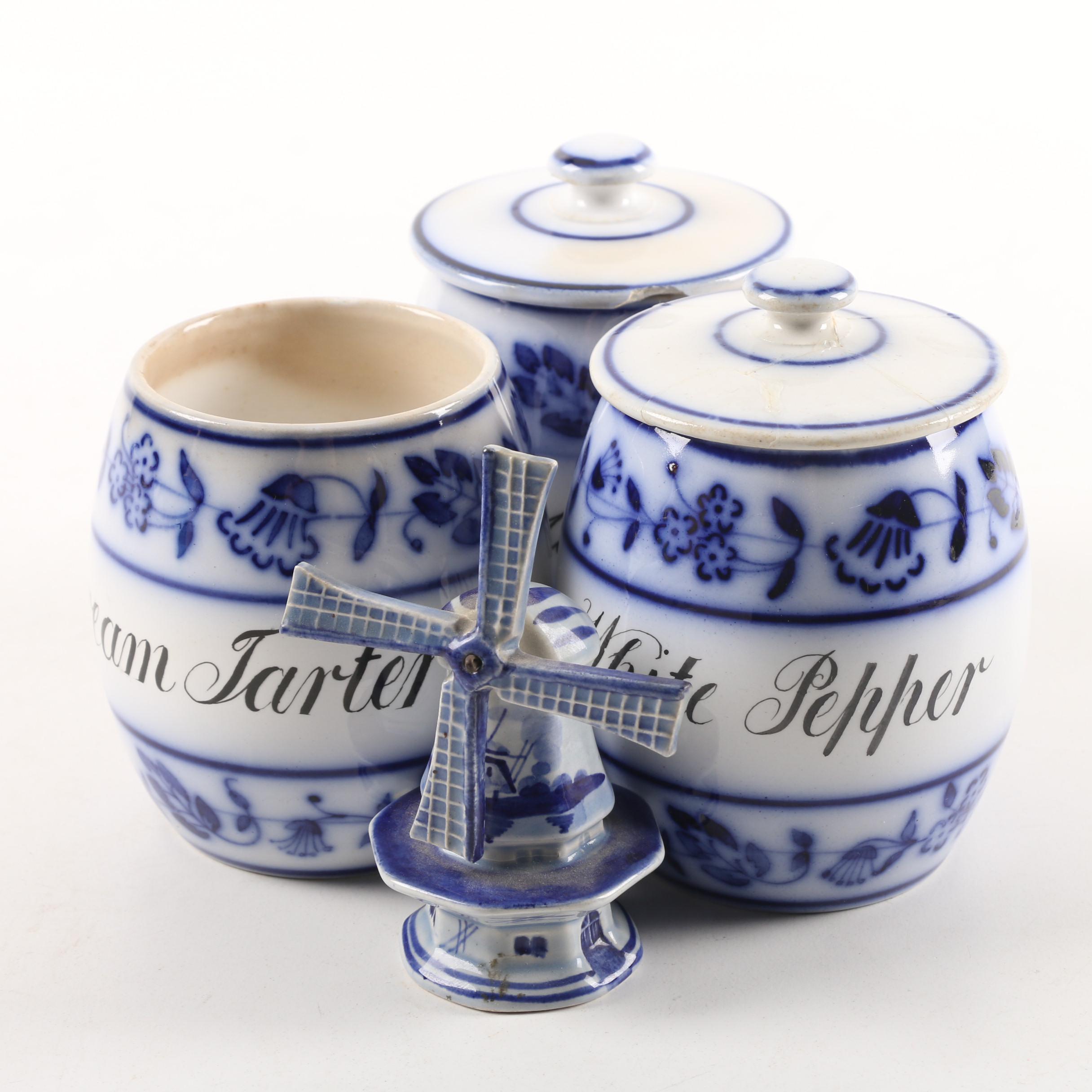 German "Blue Onion" Porcelain Lidded Canisters with Delft Holland Windmill