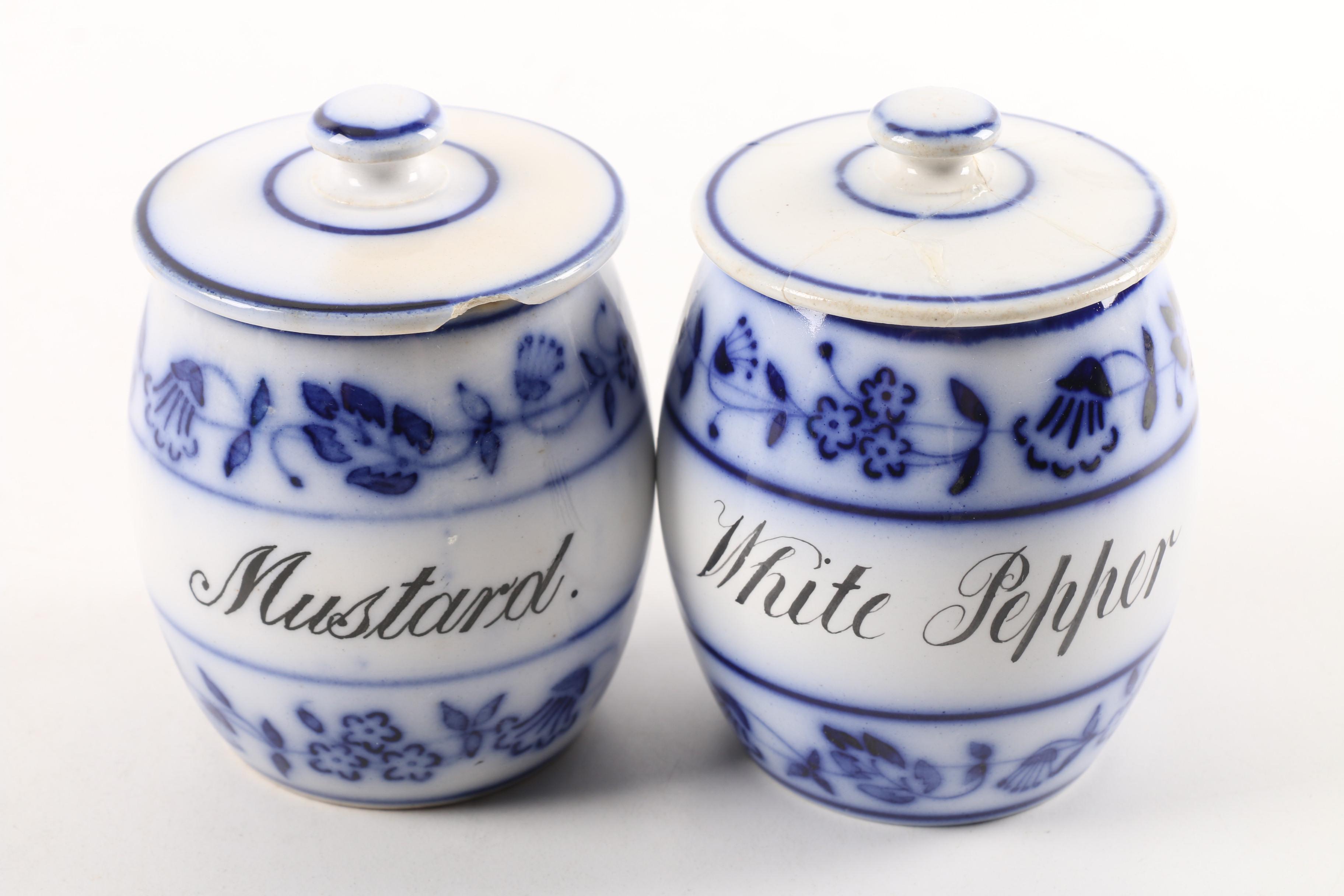 German "Blue Onion" Porcelain Lidded Canisters with Delft Holland Windmill
