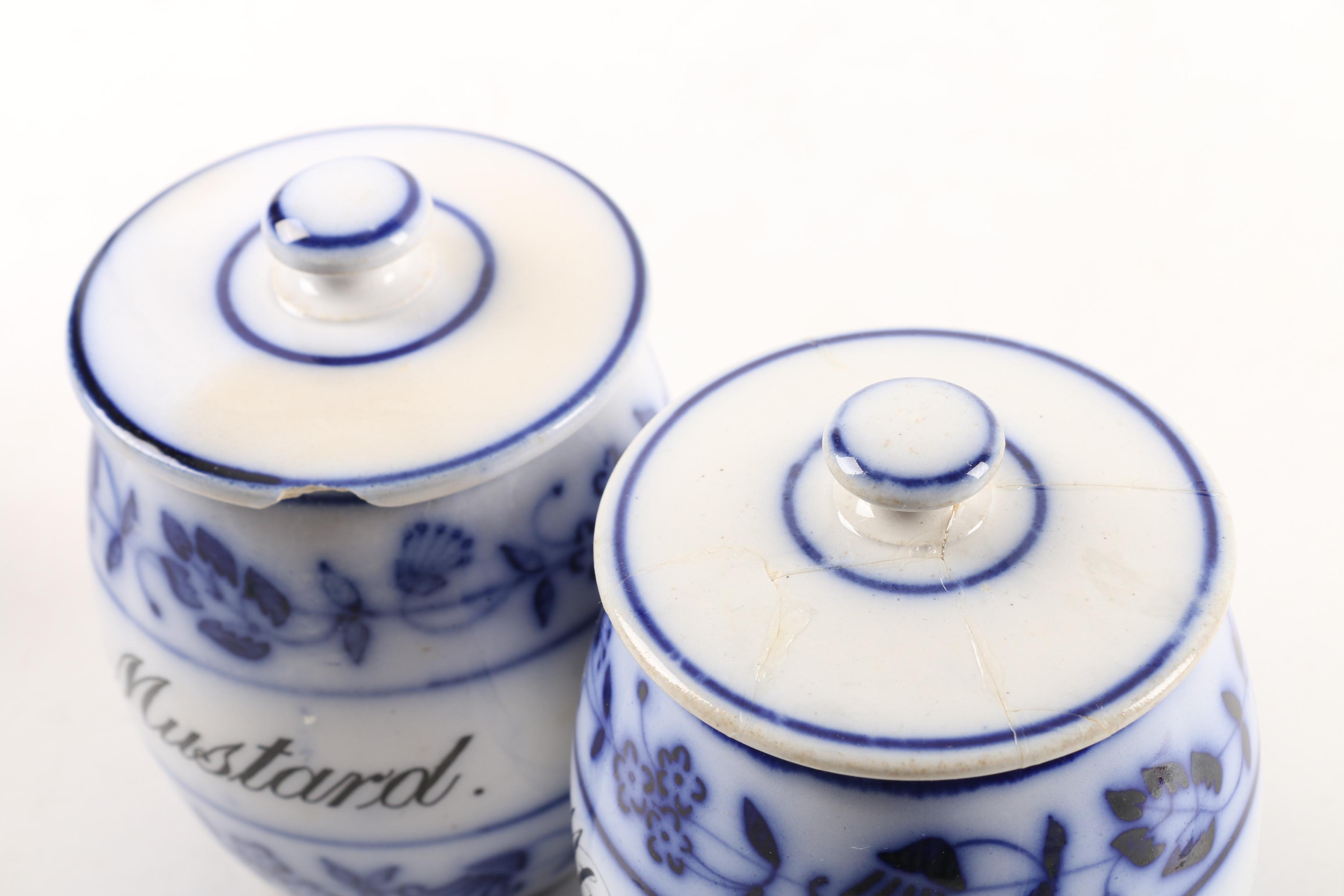 German "Blue Onion" Porcelain Lidded Canisters with Delft Holland Windmill