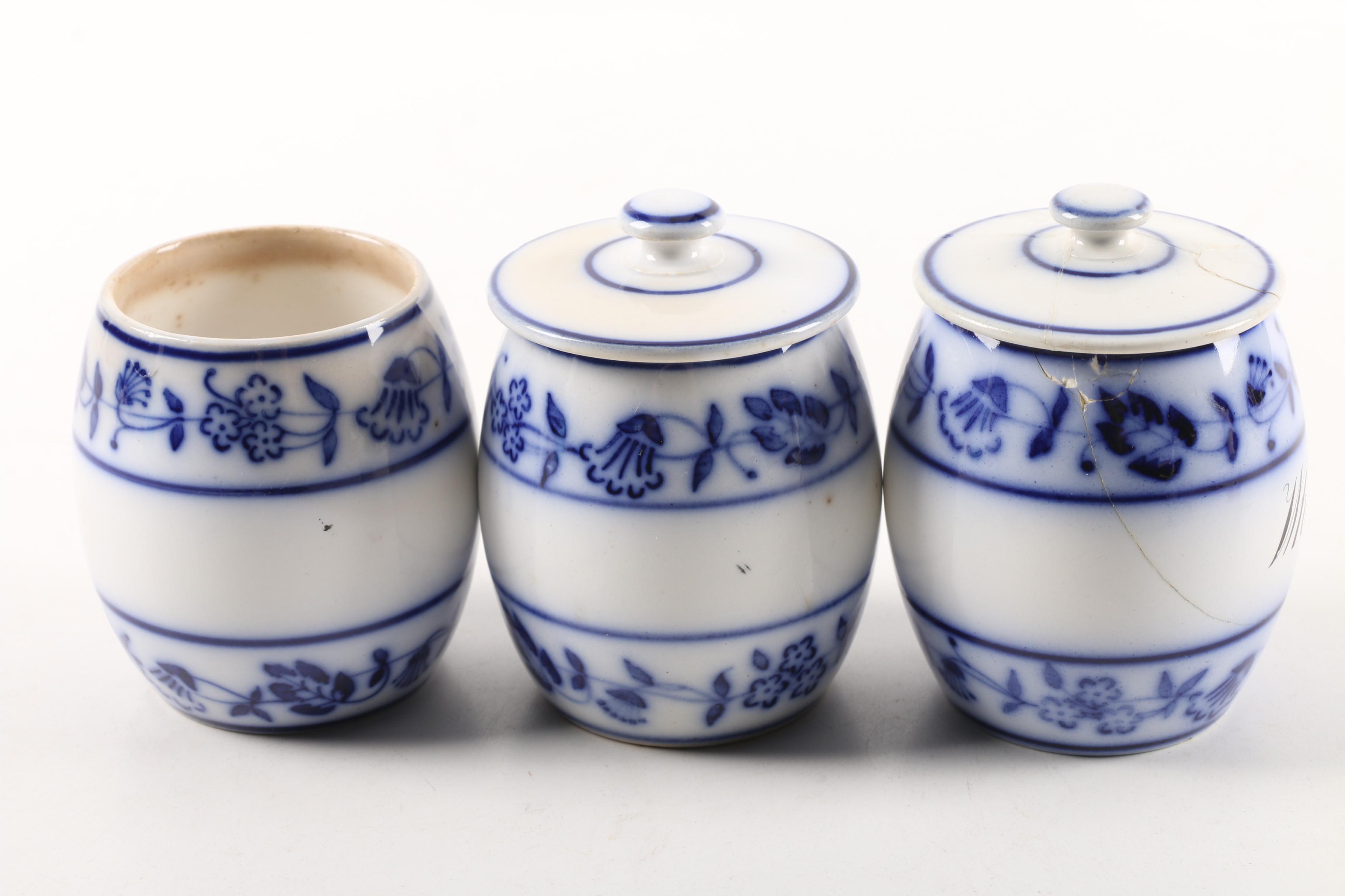 German "Blue Onion" Porcelain Lidded Canisters with Delft Holland Windmill