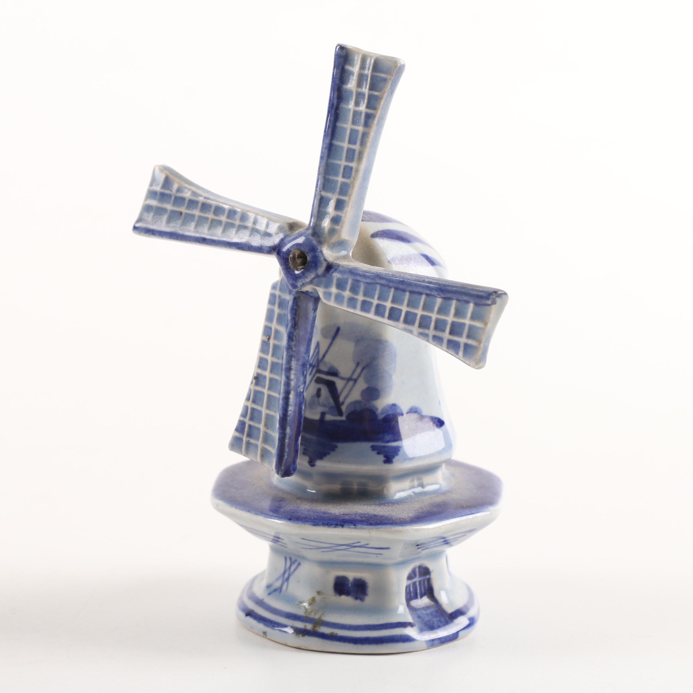 German "Blue Onion" Porcelain Lidded Canisters with Delft Holland Windmill