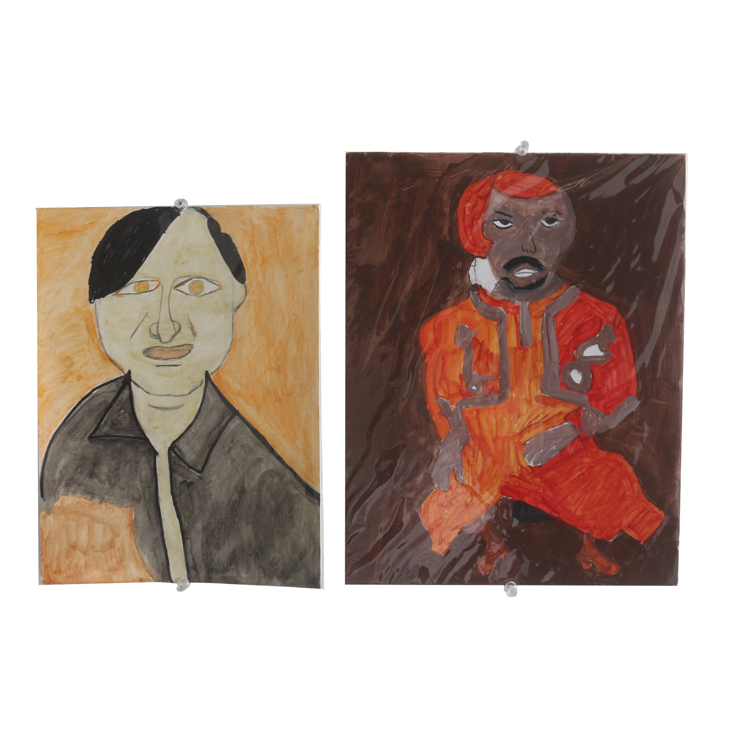 Pair of Rosalind Bush Paintings "Red Man Dancing" and "Man with Yellow Eyes"