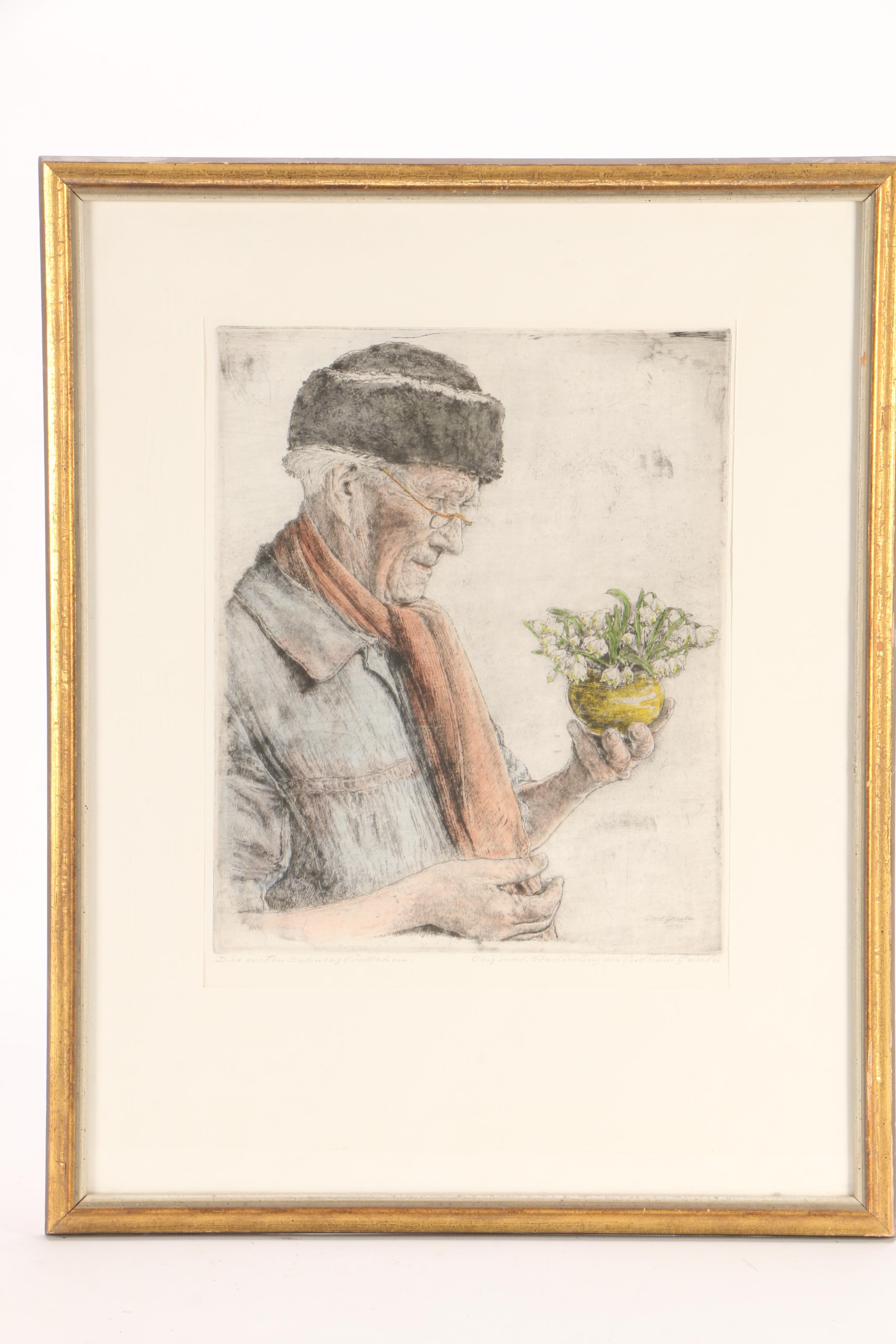 Paul Geissler 1951 Hand-Colored Etching on Paper "Die Ersten Schneeglöckchen"