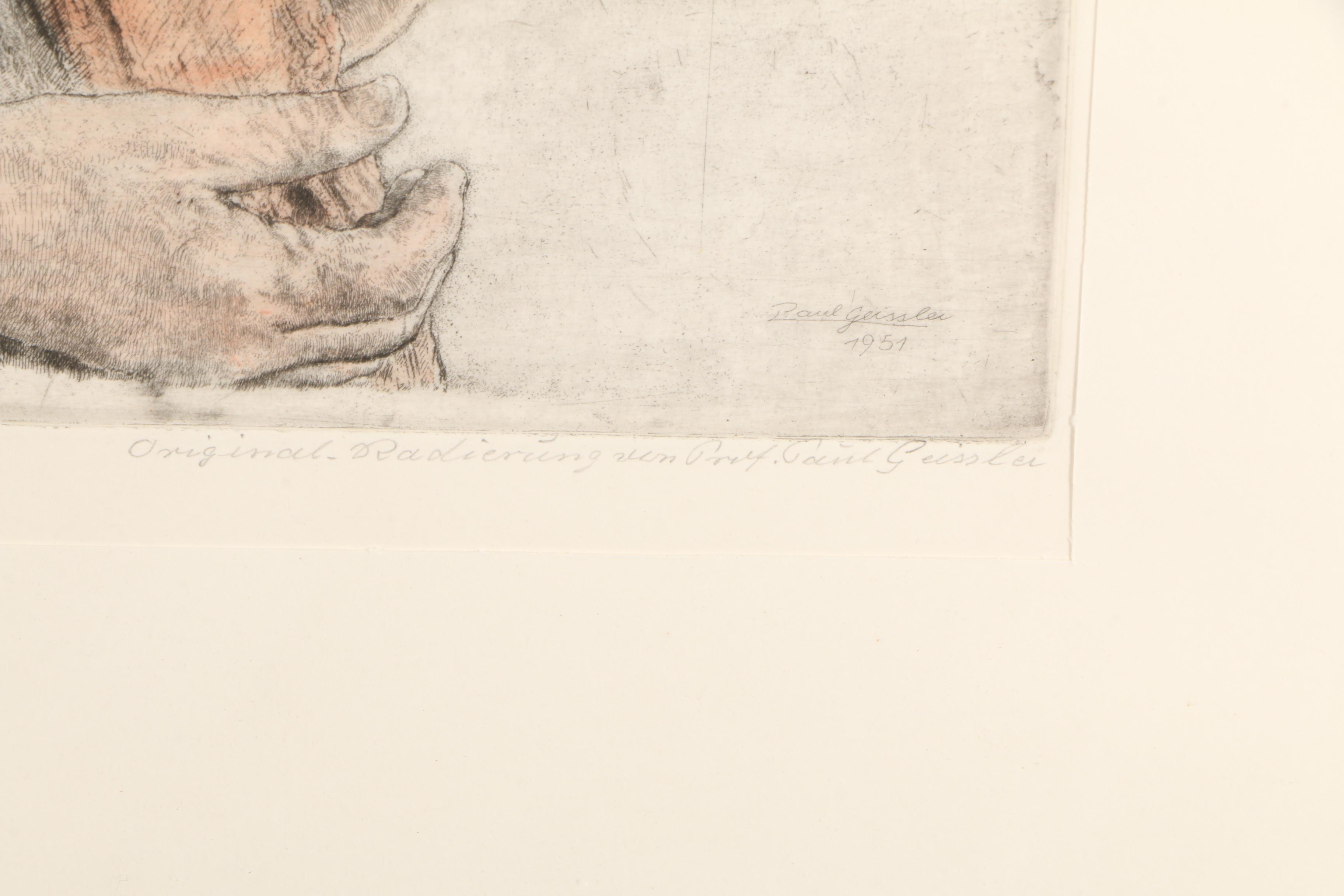 Paul Geissler 1951 Hand-Colored Etching on Paper "Die Ersten Schneeglöckchen"