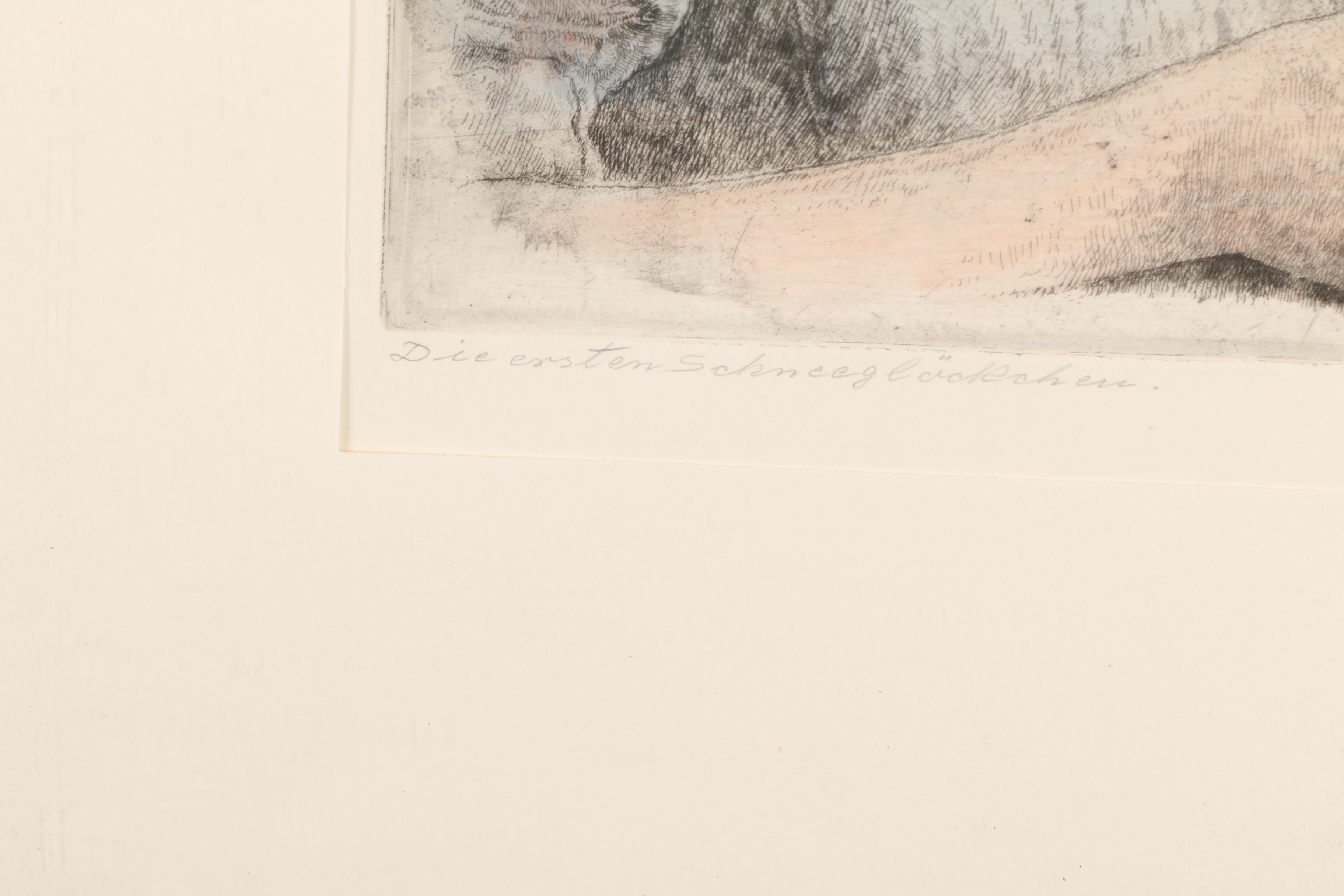 Paul Geissler 1951 Hand-Colored Etching on Paper "Die Ersten Schneeglöckchen"