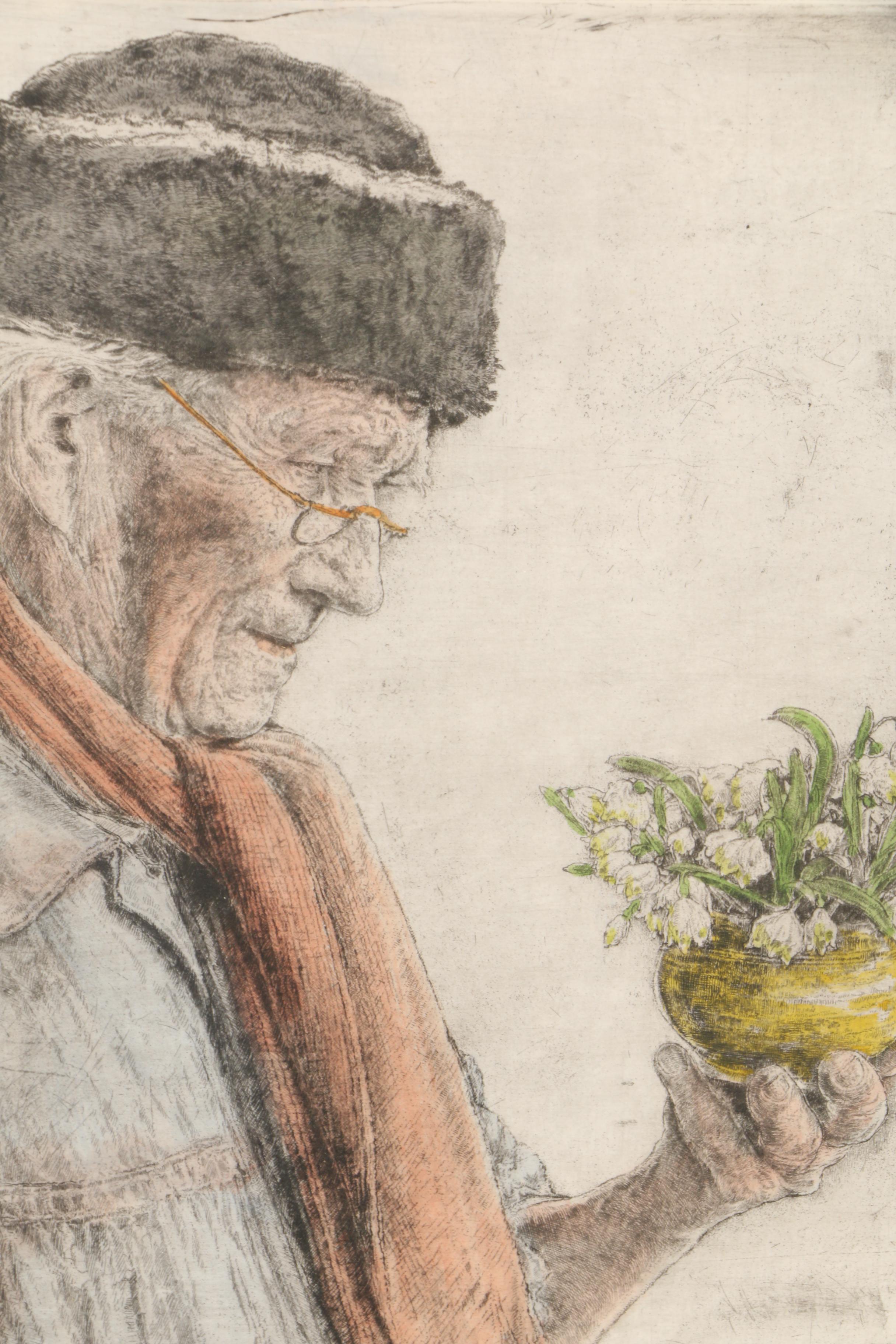 Paul Geissler 1951 Hand-Colored Etching on Paper "Die Ersten Schneeglöckchen"