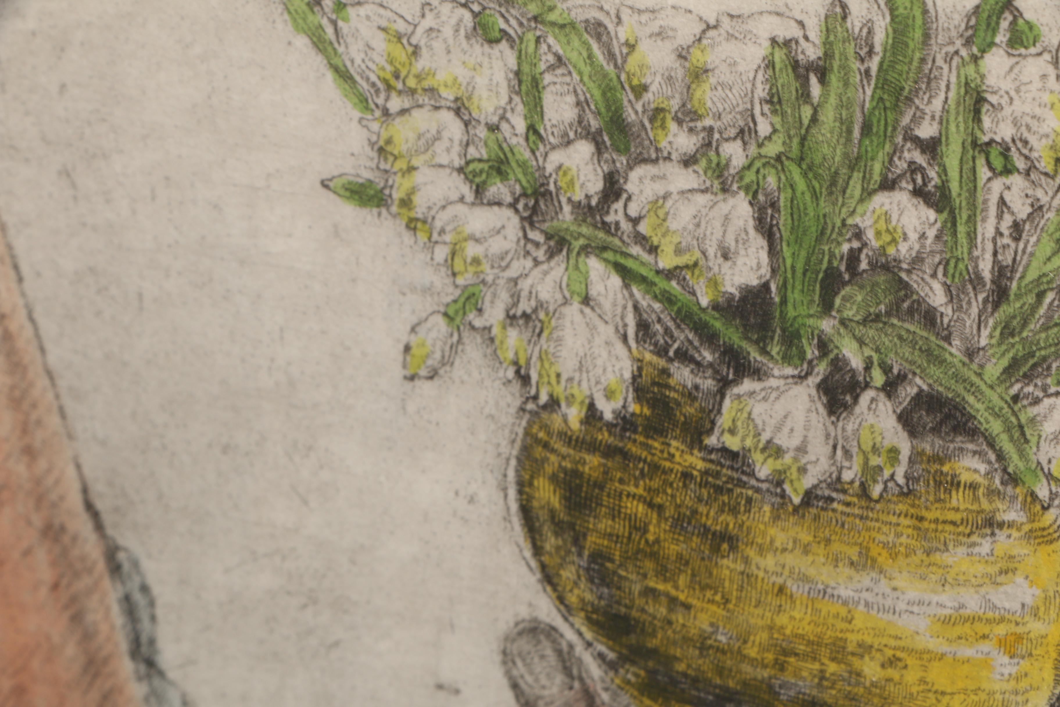 Paul Geissler 1951 Hand-Colored Etching on Paper "Die Ersten Schneeglöckchen"