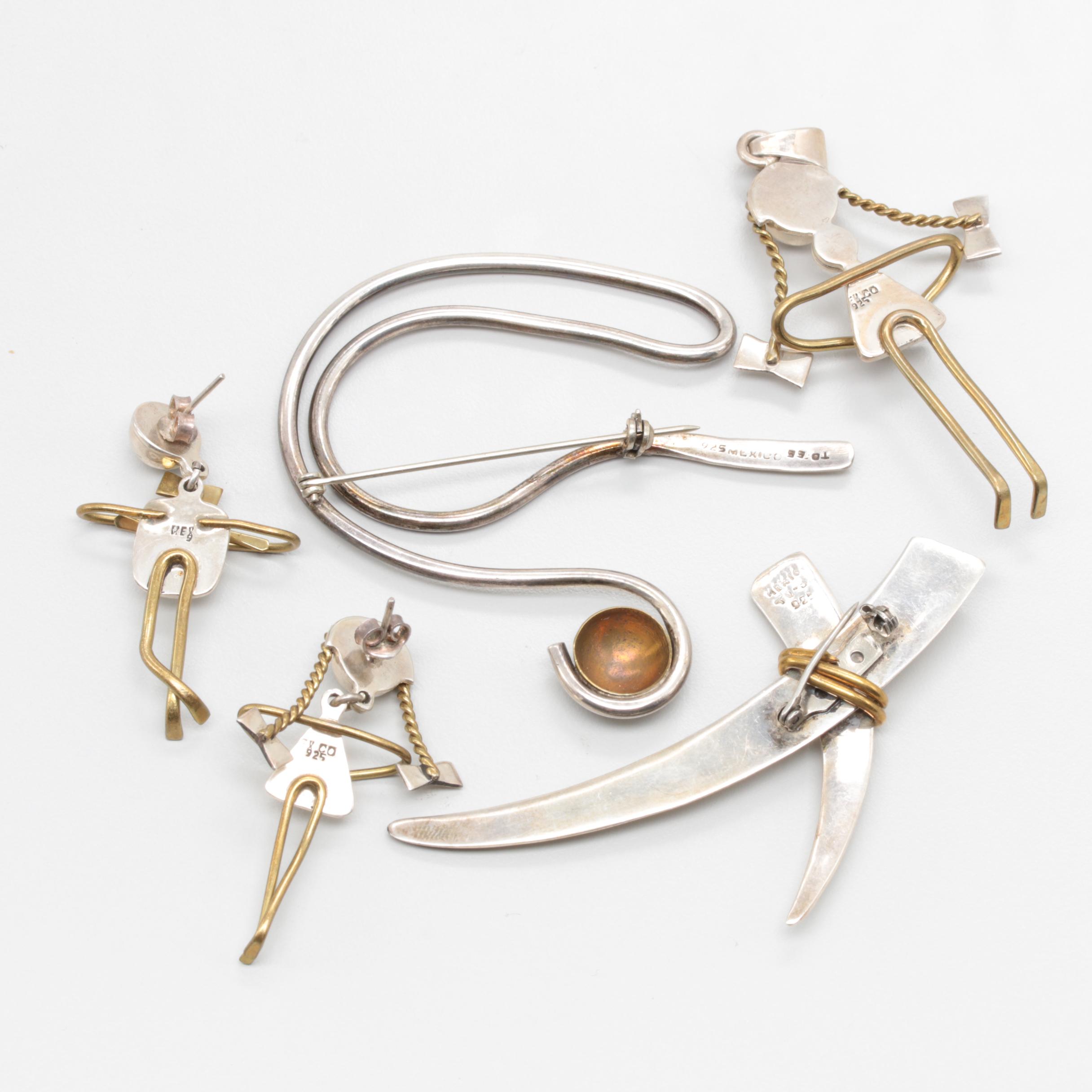 Mexican Made Sterling Silver Brooches, Pendant and Earrings