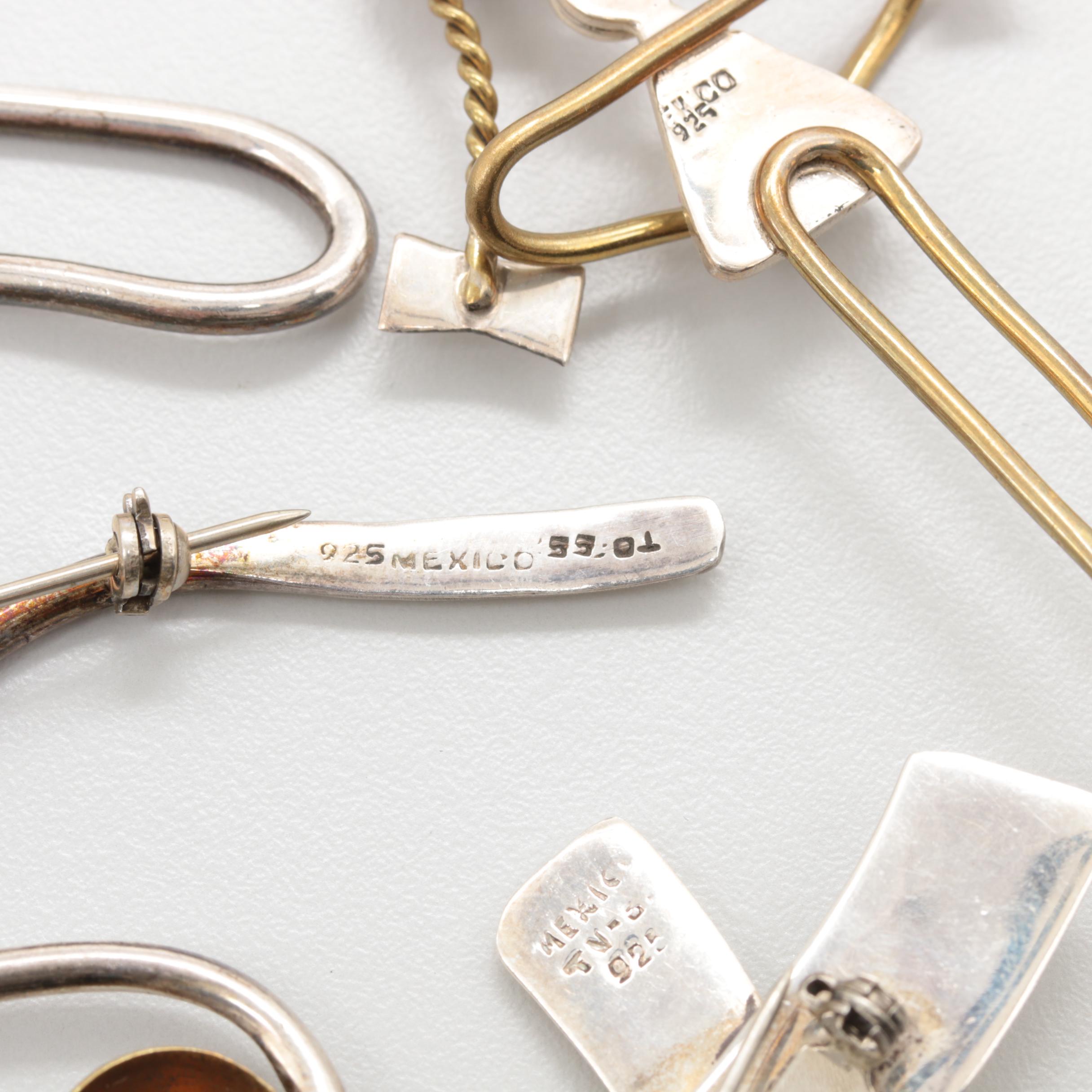 Mexican Made Sterling Silver Brooches, Pendant and Earrings