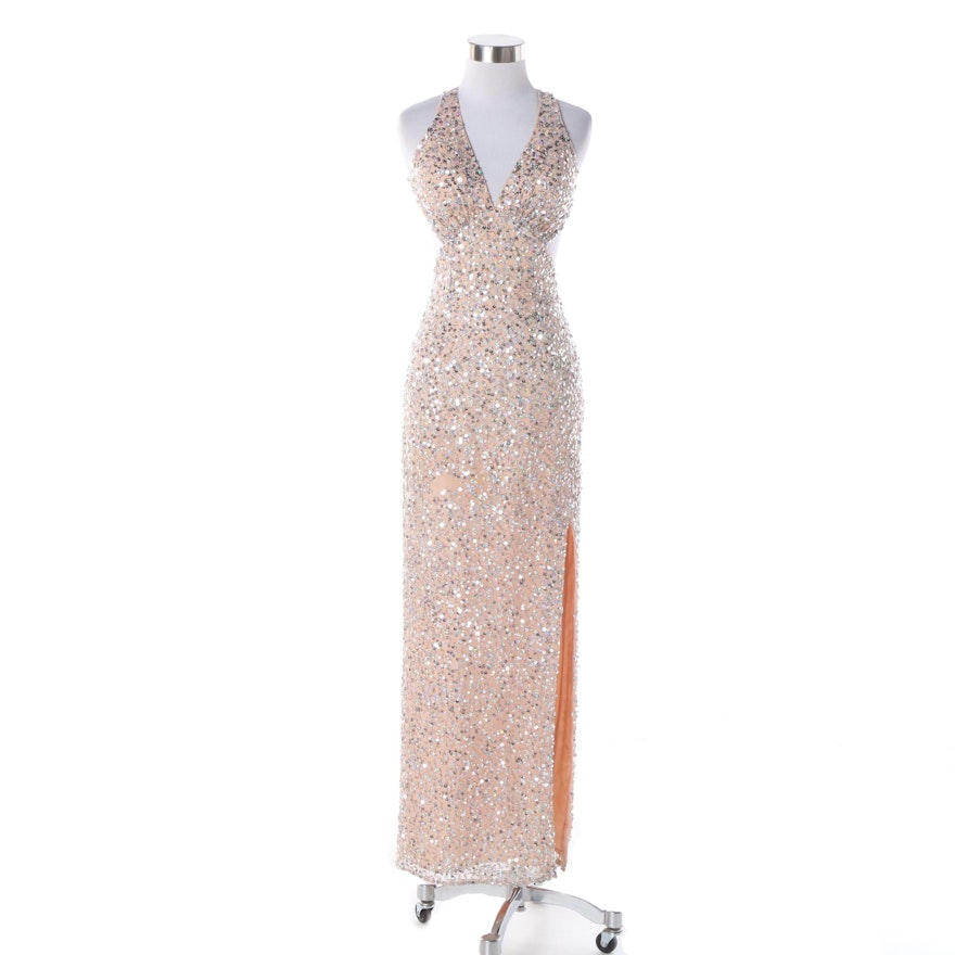 Sean Collection Pink Silk Blend Sequined Racer Back Gown