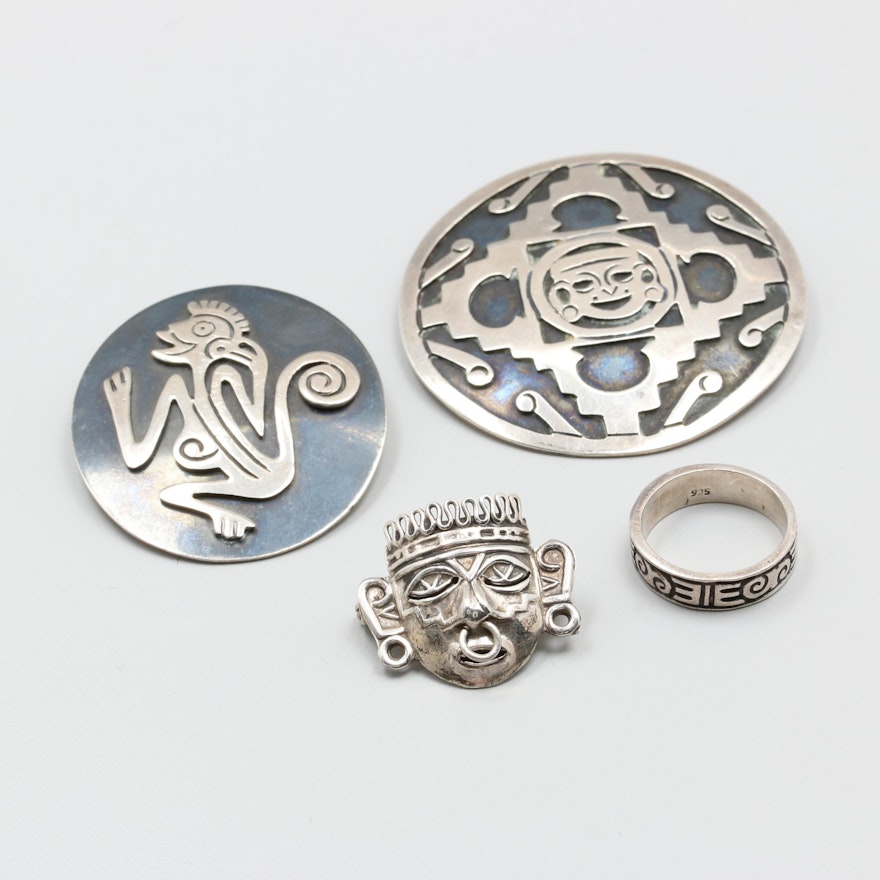 Sterling Silver Brooches and a Ring Including Mexican and Taxco