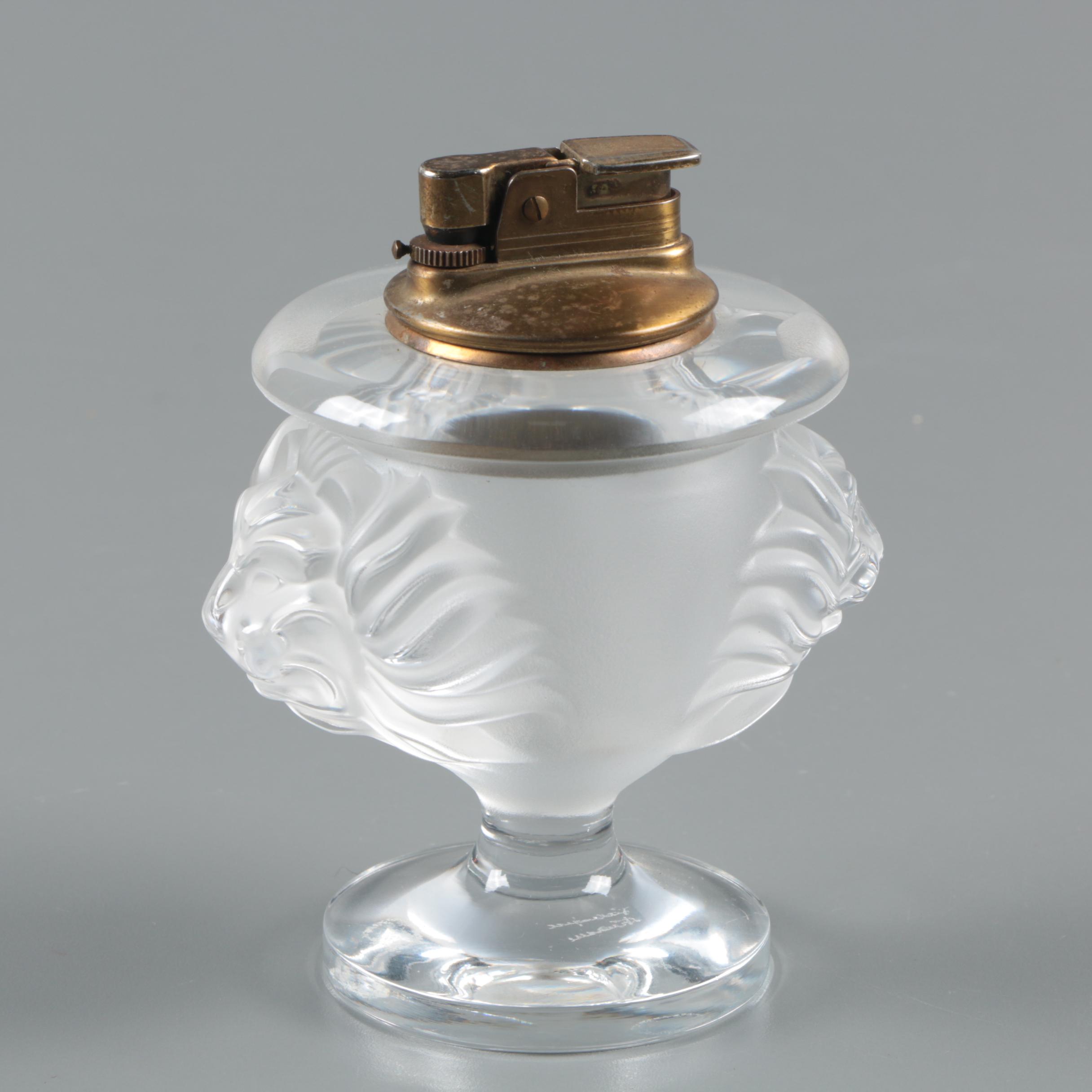Vintage Lalique Crystal and Brass "Lion" Table Lighter