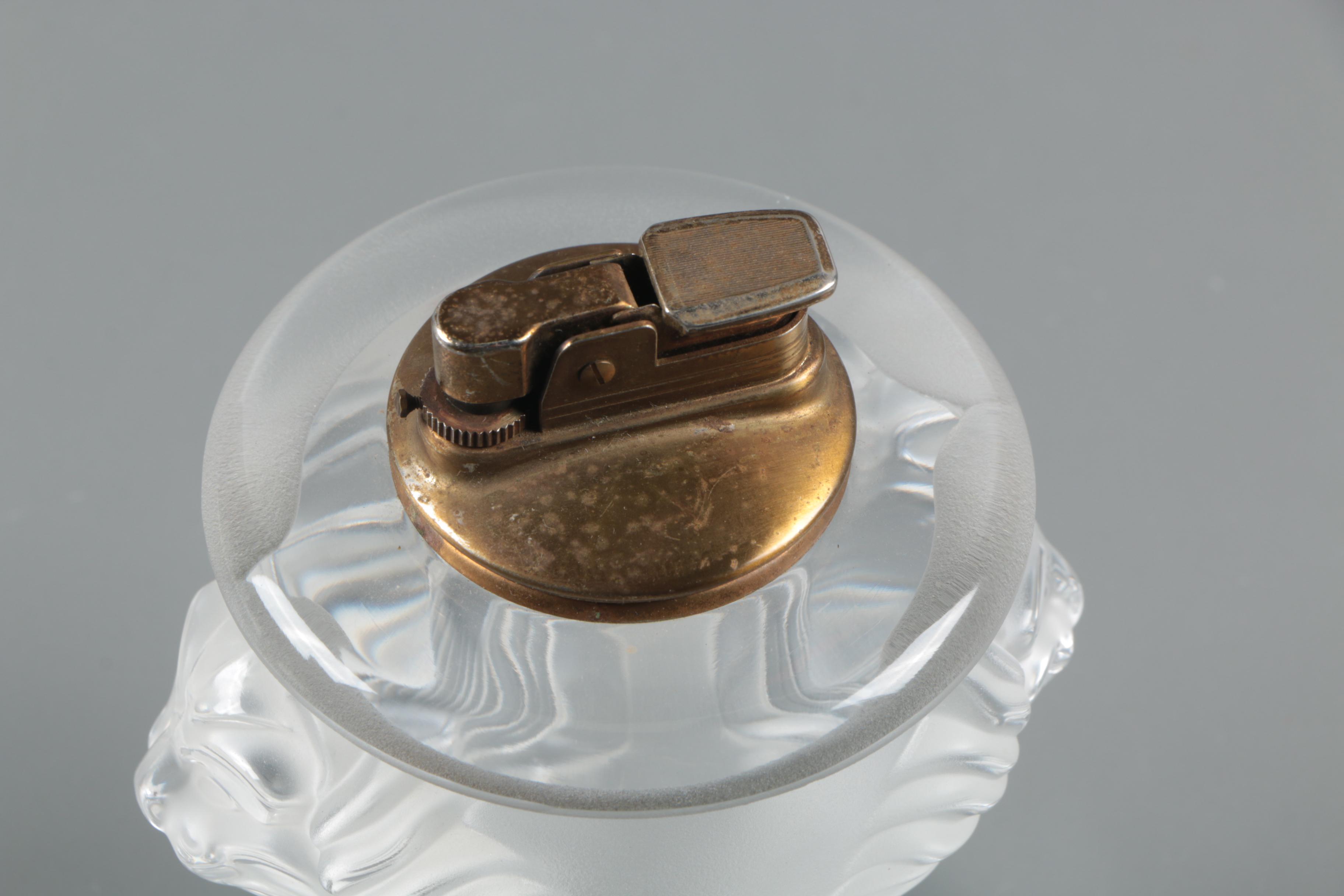 Vintage Lalique Crystal and Brass "Lion" Table Lighter