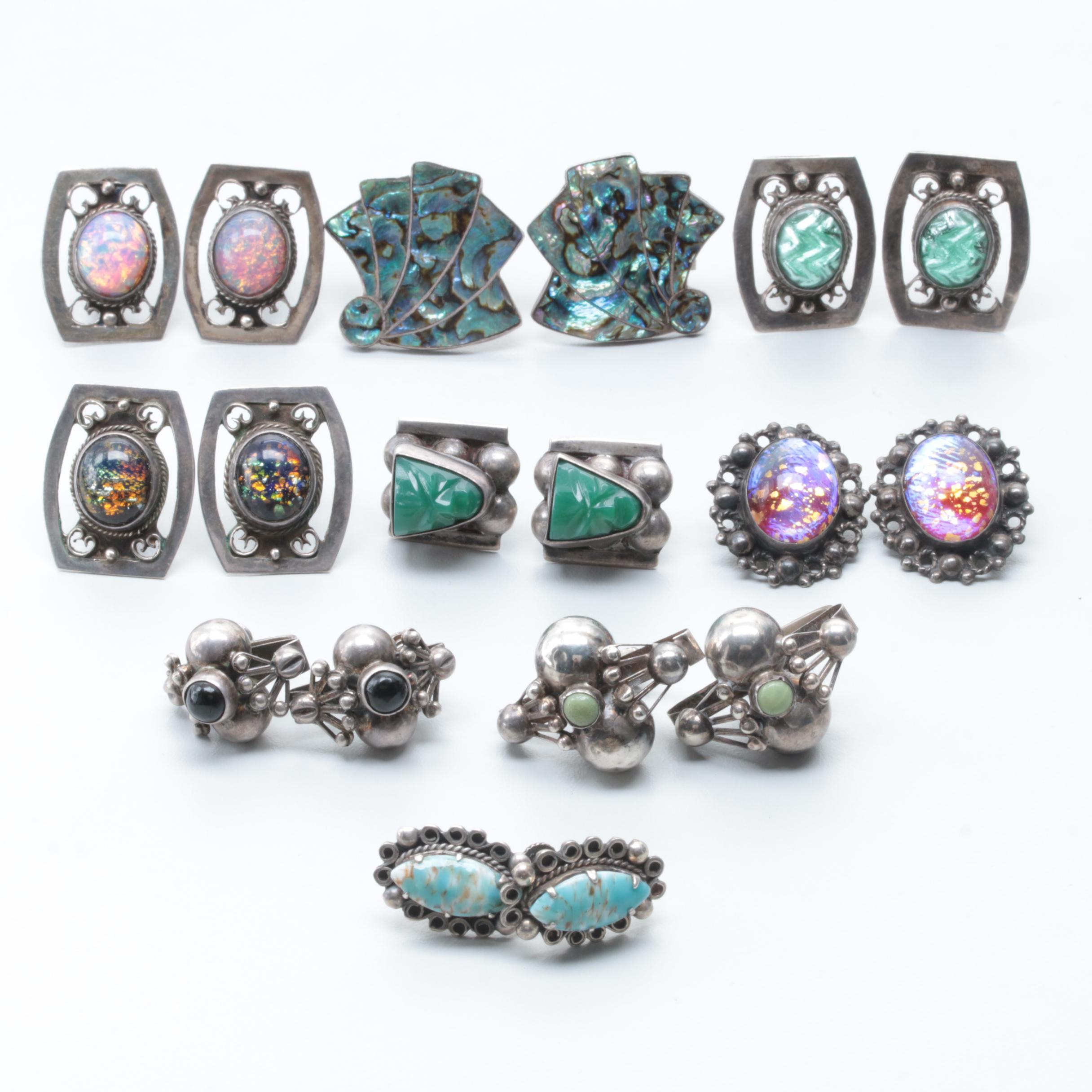 Sterling Silver and Silver Tone Abalone, Imitation Opal and Glass Earrings