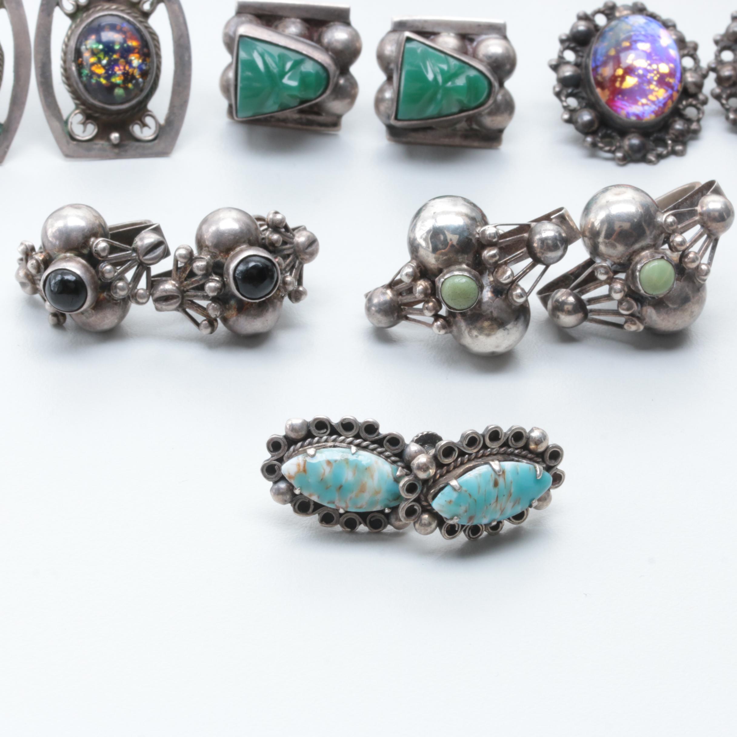 Sterling Silver and Silver Tone Abalone, Imitation Opal and Glass Earrings