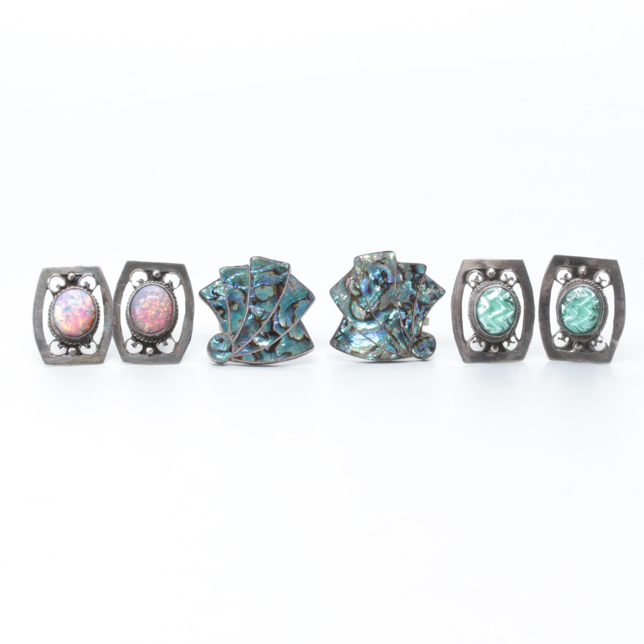 Sterling Silver and Silver Tone Abalone, Imitation Opal and Glass Earrings