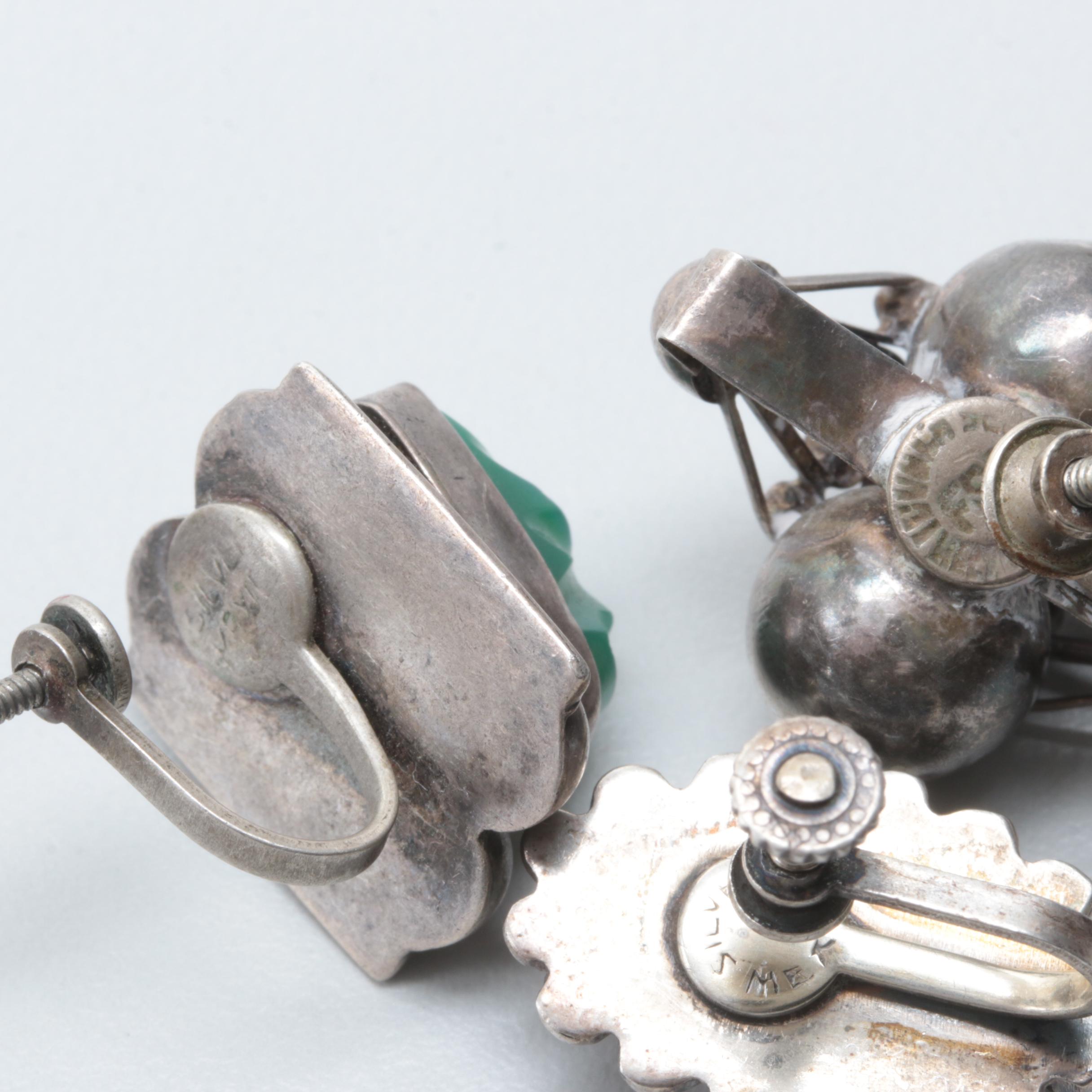 Sterling Silver and Silver Tone Abalone, Imitation Opal and Glass Earrings