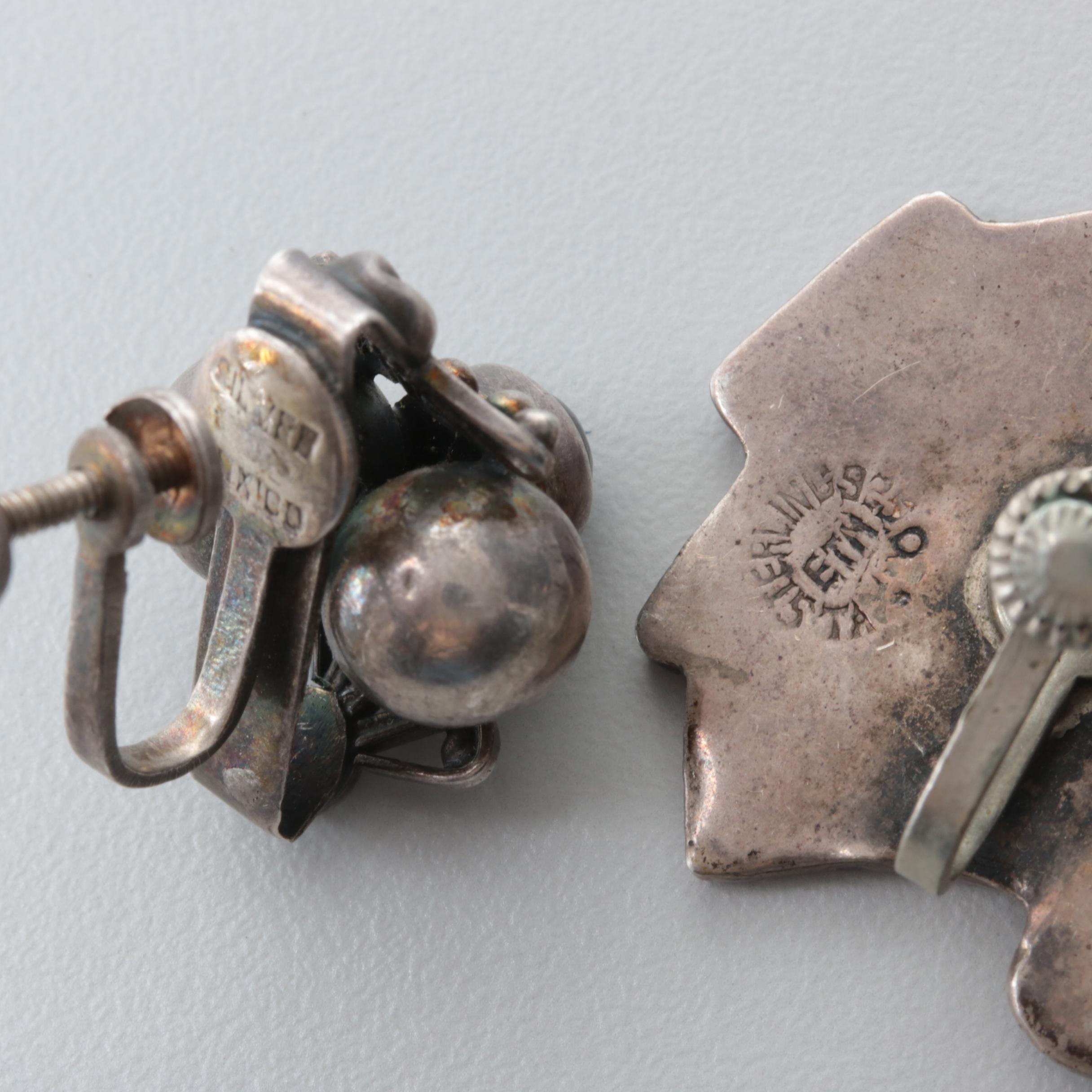 Sterling Silver and Silver Tone Abalone, Imitation Opal and Glass Earrings