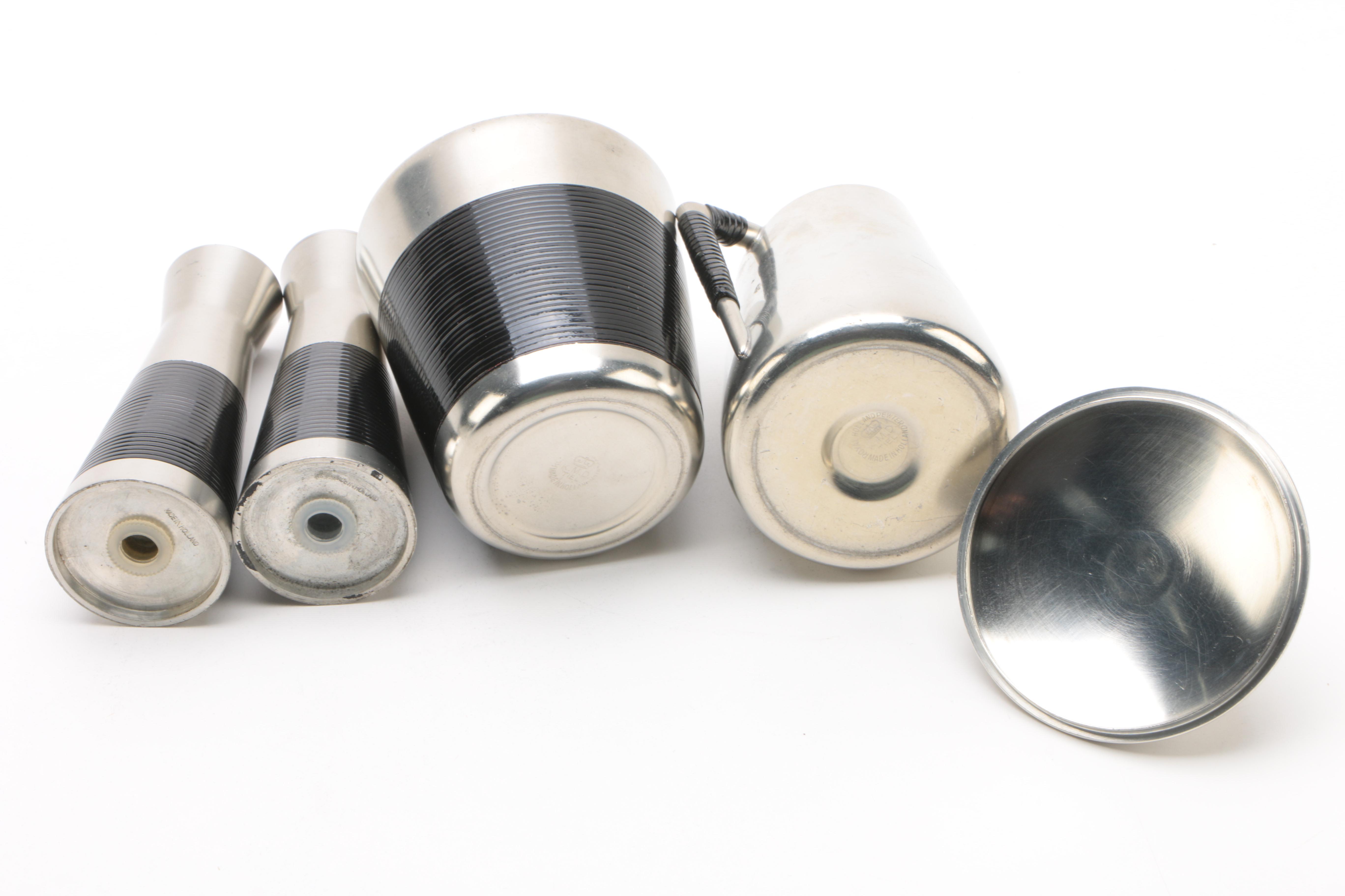 Mid-Century Modern Royal Holland Pewter Coffee and Tea Service with Shakers