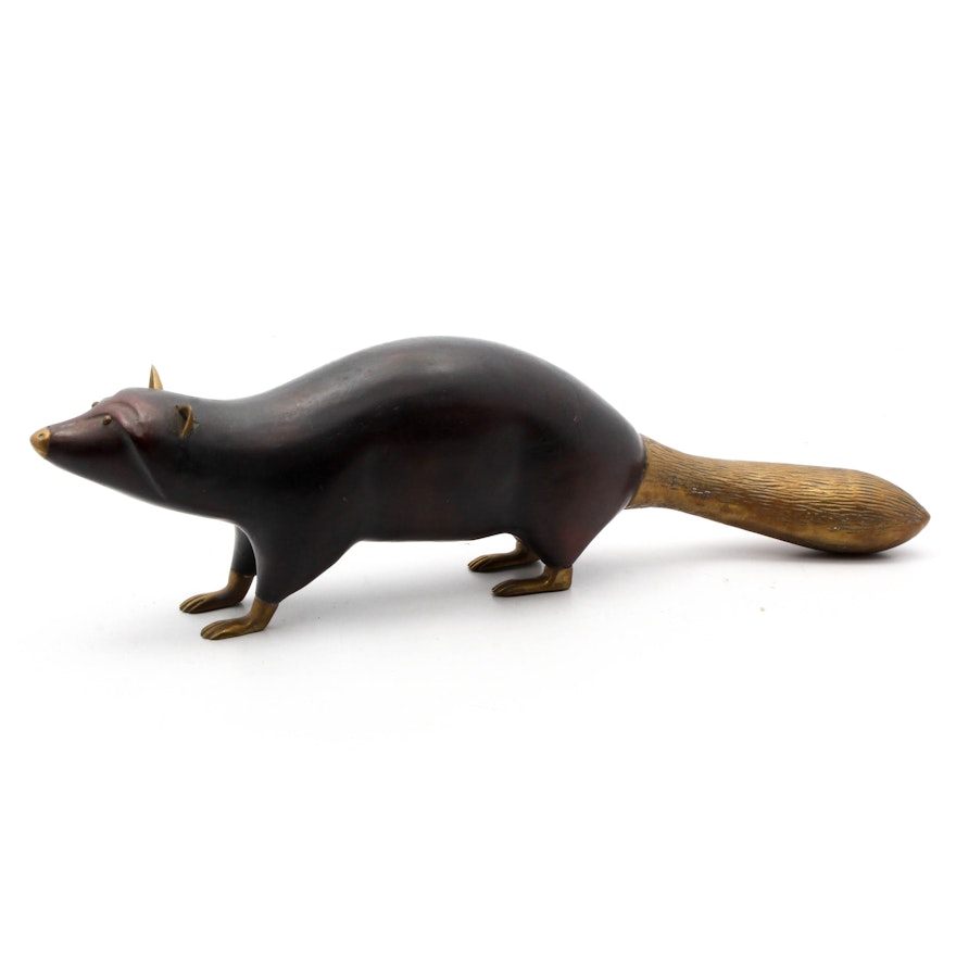 Wood and Brass Sculpture of Raccoon