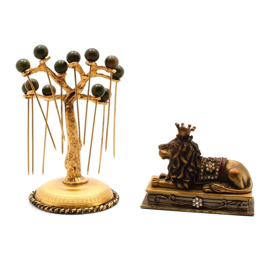 Gold-Tone Hair Pins with Holder and Trinket Box