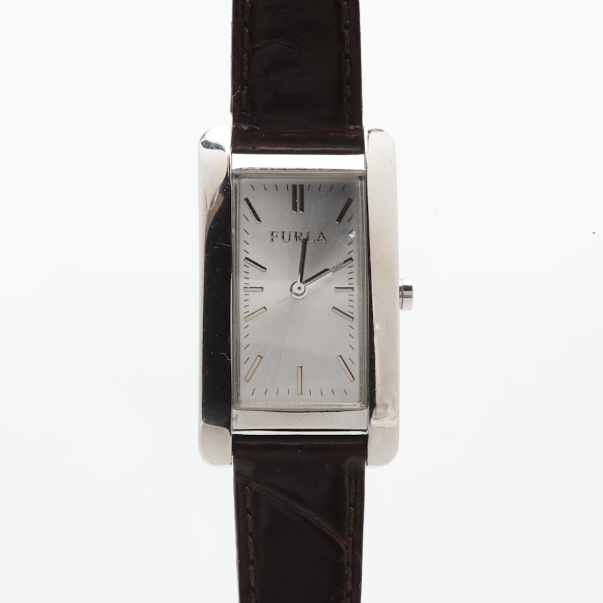 Furla Stainless Steel Wristwatch with Black Leather Strap