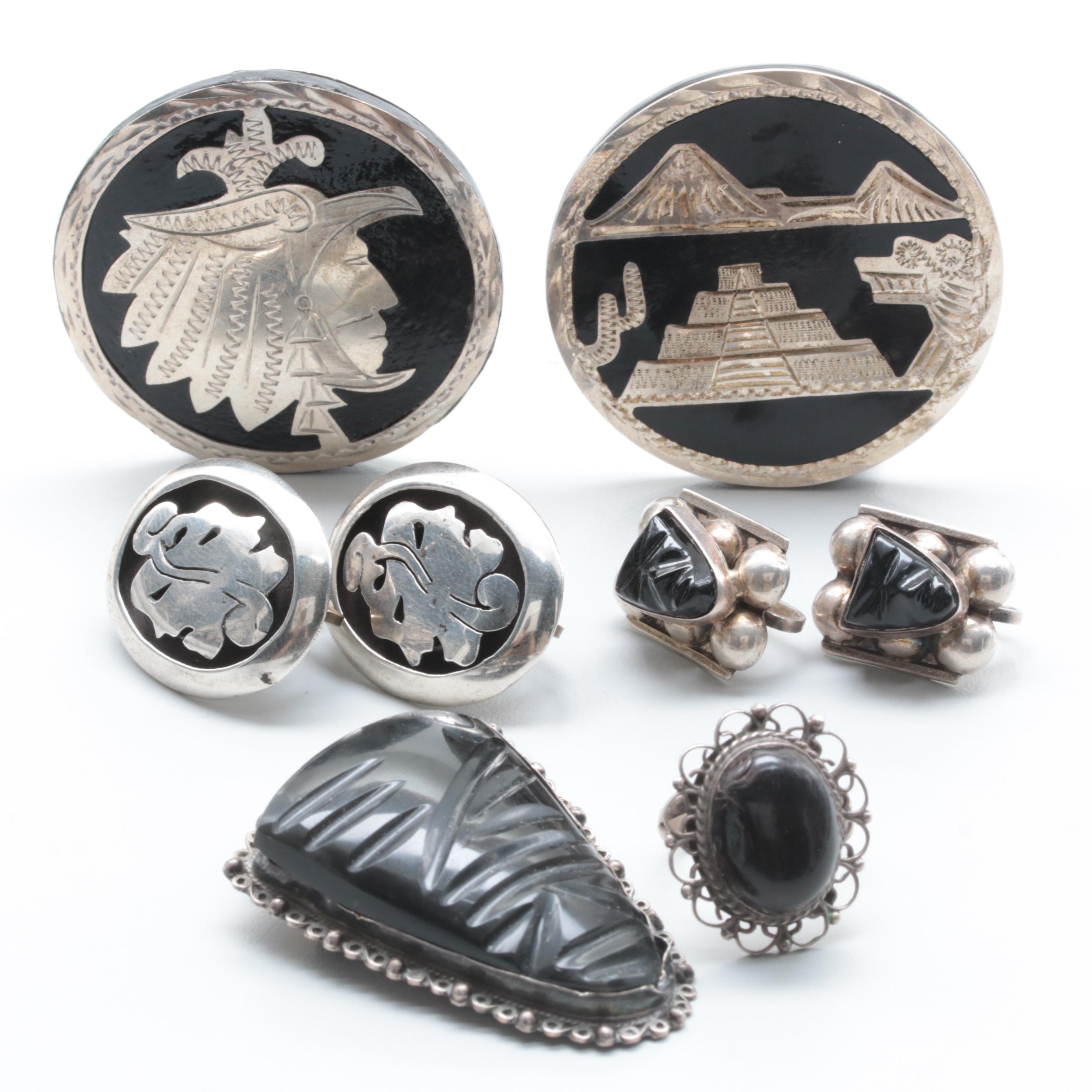 Sterling Silver Jewelry Assortment with Obsidian and Black Coral