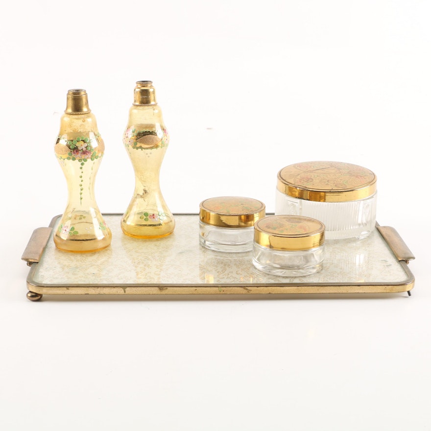Vintage Vanity Tray, Powder Boxes, and Oil Lamp Bottles