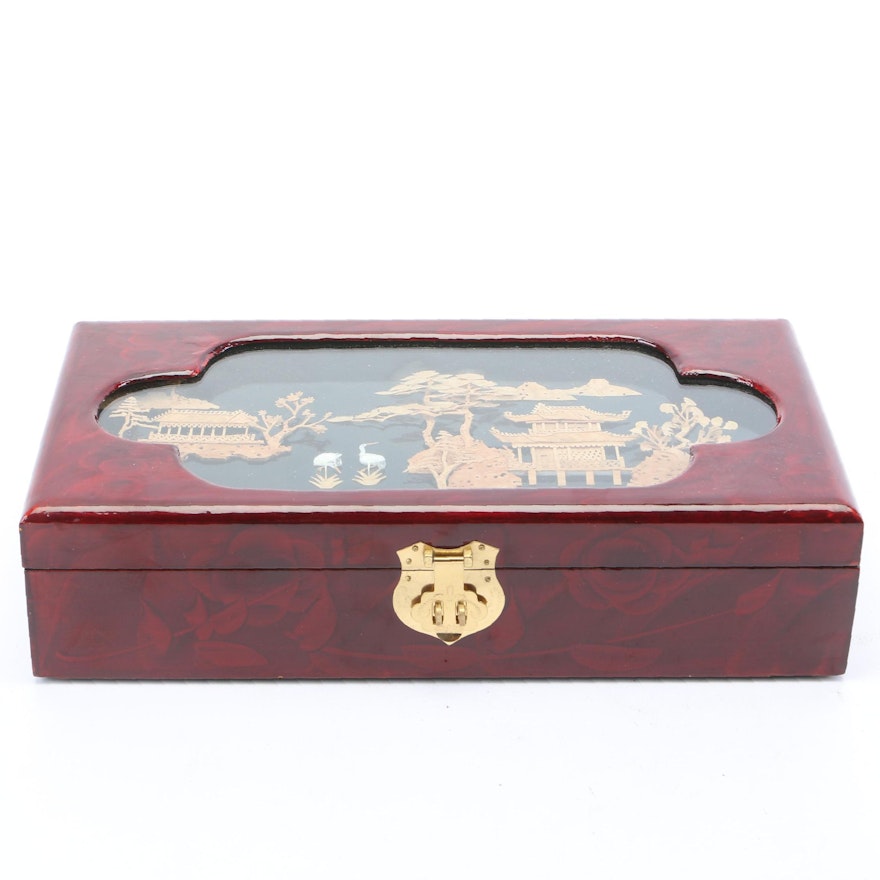 Chinese Lacquer Jewelry Box with Carved Cork Landscape in Shadowbox Top