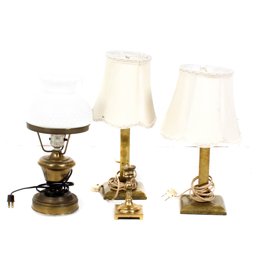 Vintage Brass Tone Table Lamps Featuring Hobnail Milk Glass Shade