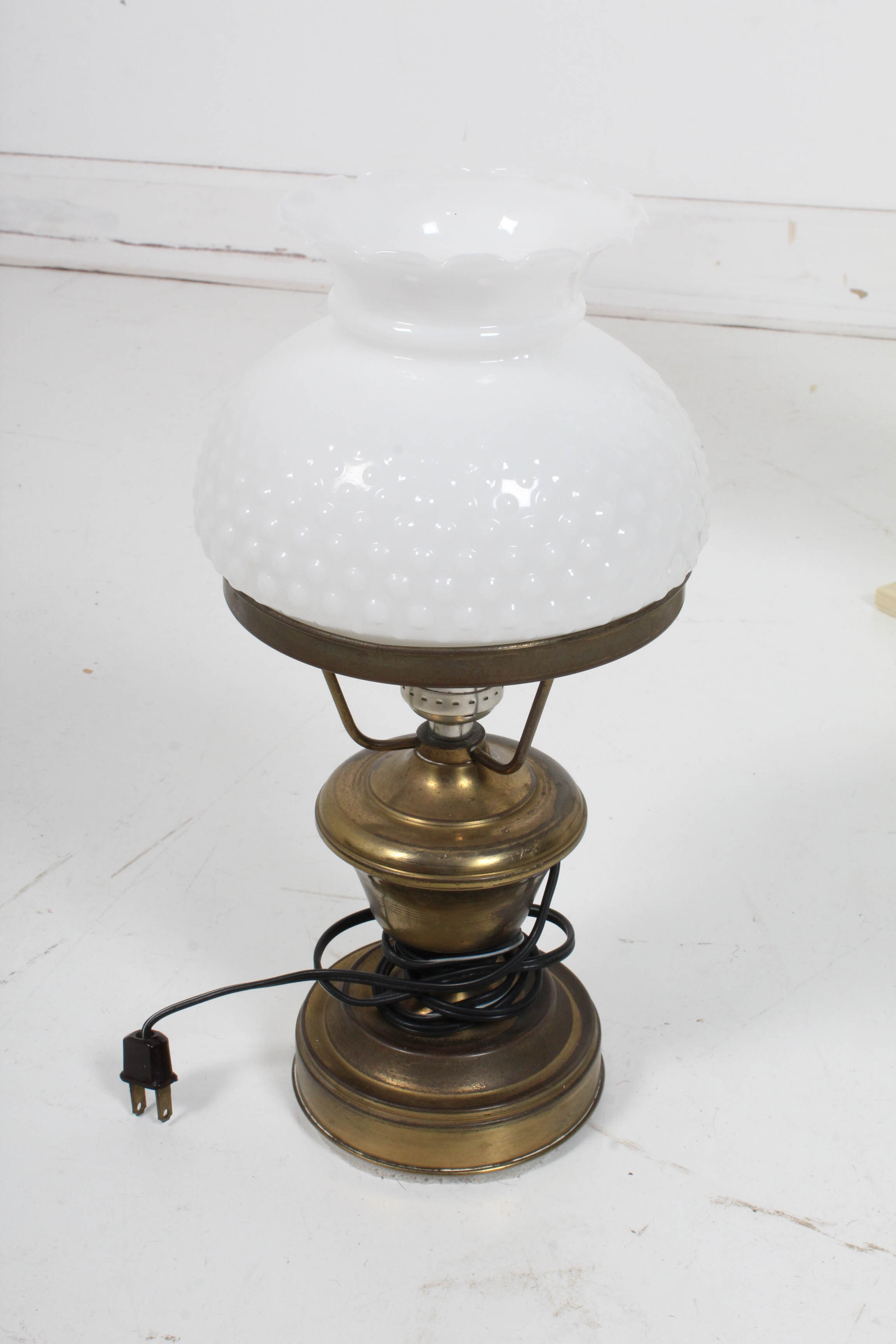 Vintage Brass Tone Table Lamps Featuring Hobnail Milk Glass Shade