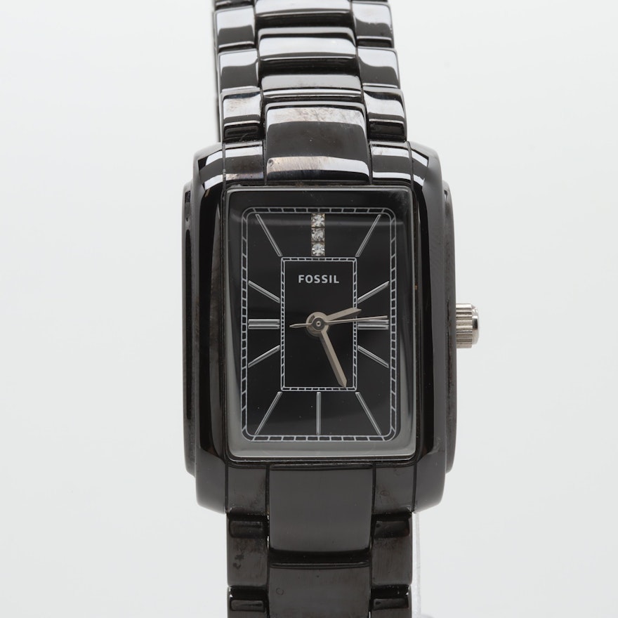 Fossil Black Ceramic and Stainless Steel Rectangular Wristwatch