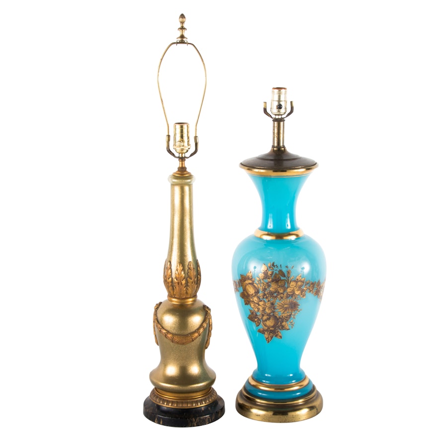 Two Decorative Glass and Porcelain Table Lamps, 20th Century