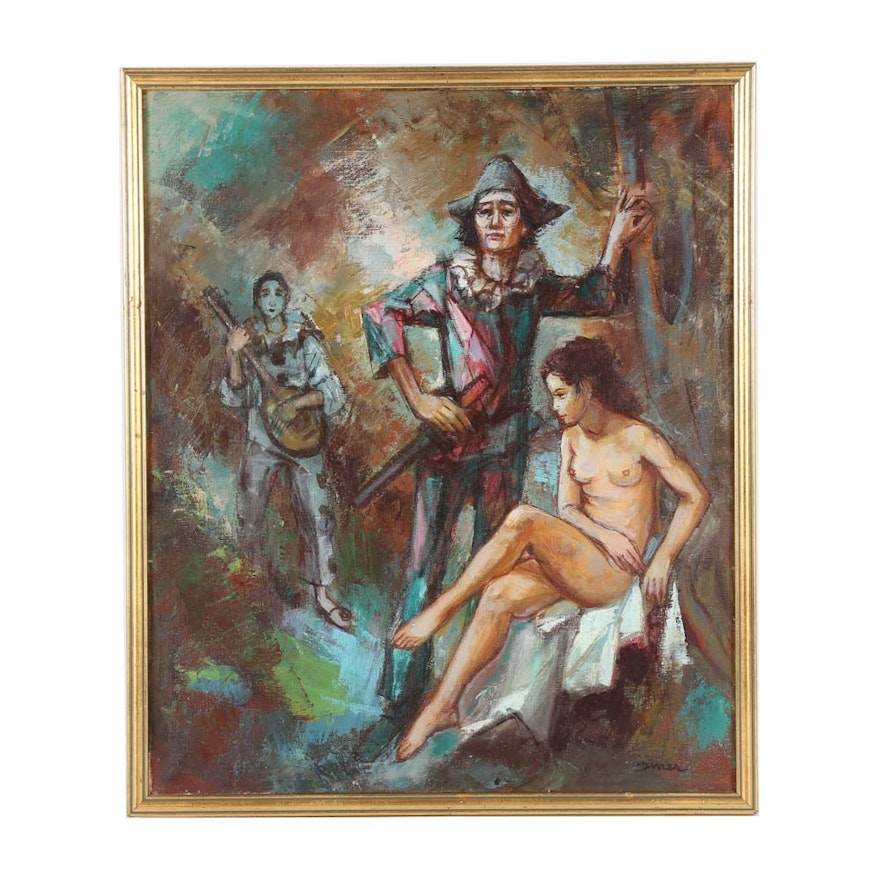 Pierre Diner Oil Painting on Canvas of Harlequin Nude