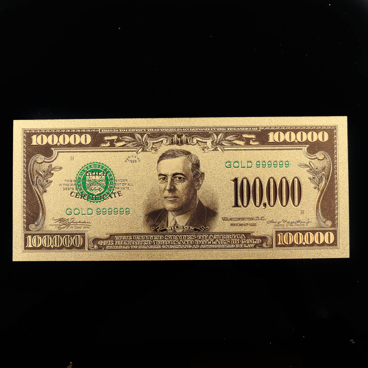 Group of Three Novelty 24K Gold Foil Plated U.S. $100,000 Gold Certificates