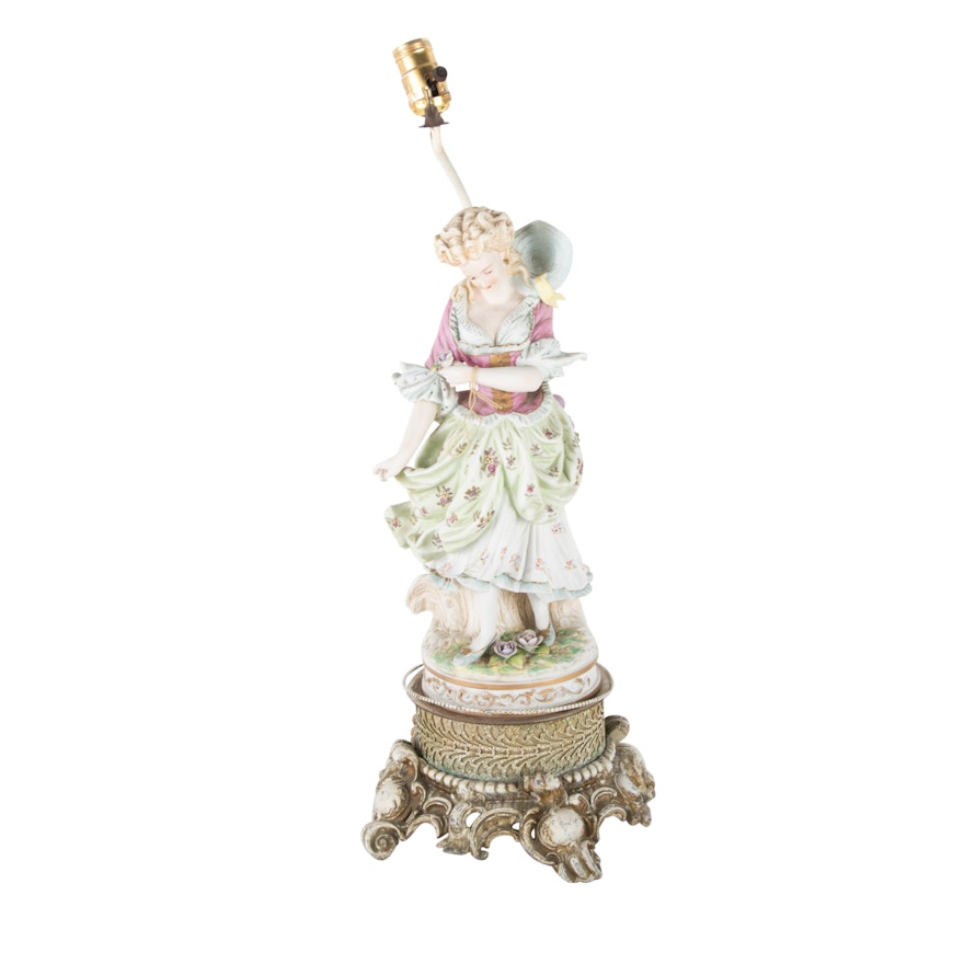 German Bisque Porcelain Figure Mounted as a Lamp, 20th Century