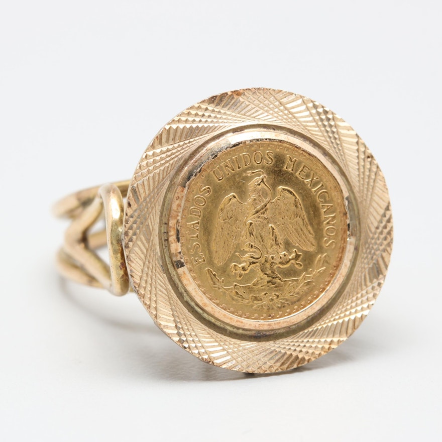 10K Yellow Gold Ring with 1945 (Restrike Year) Mexico 2 Pesos Gold Coin