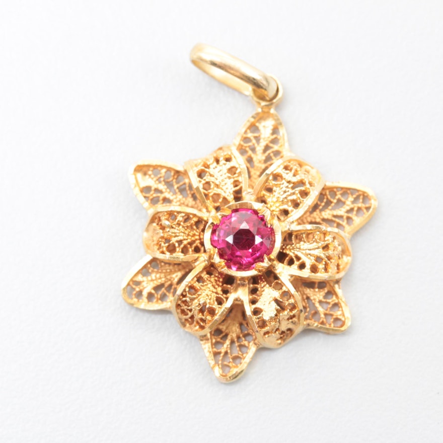 14K Yellow Gold Synthetic Ruby Pendant