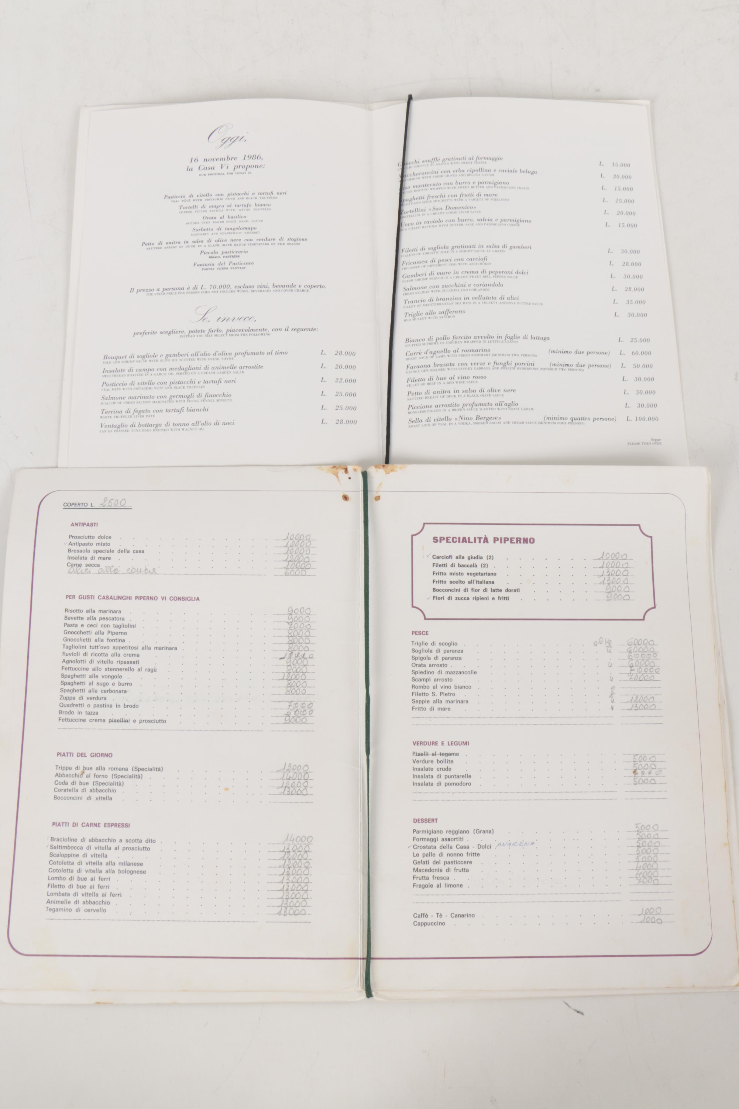 Vintage Italian Restaurant Menus