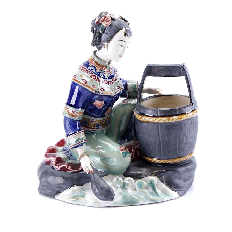 Chinese Shiwan Style Porcelain Figurine of a Woman Collecting Water