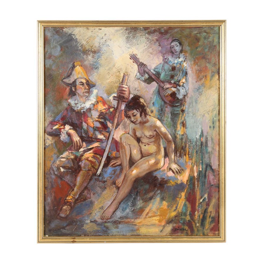 Pierre Diner Oil Painting on Canvas of Harlequin Nude