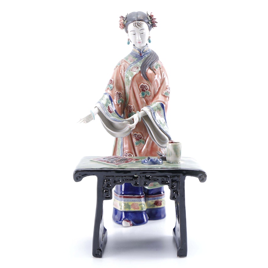 Chinese Style Porcelain Figurine of Woman and Calligraphy Set