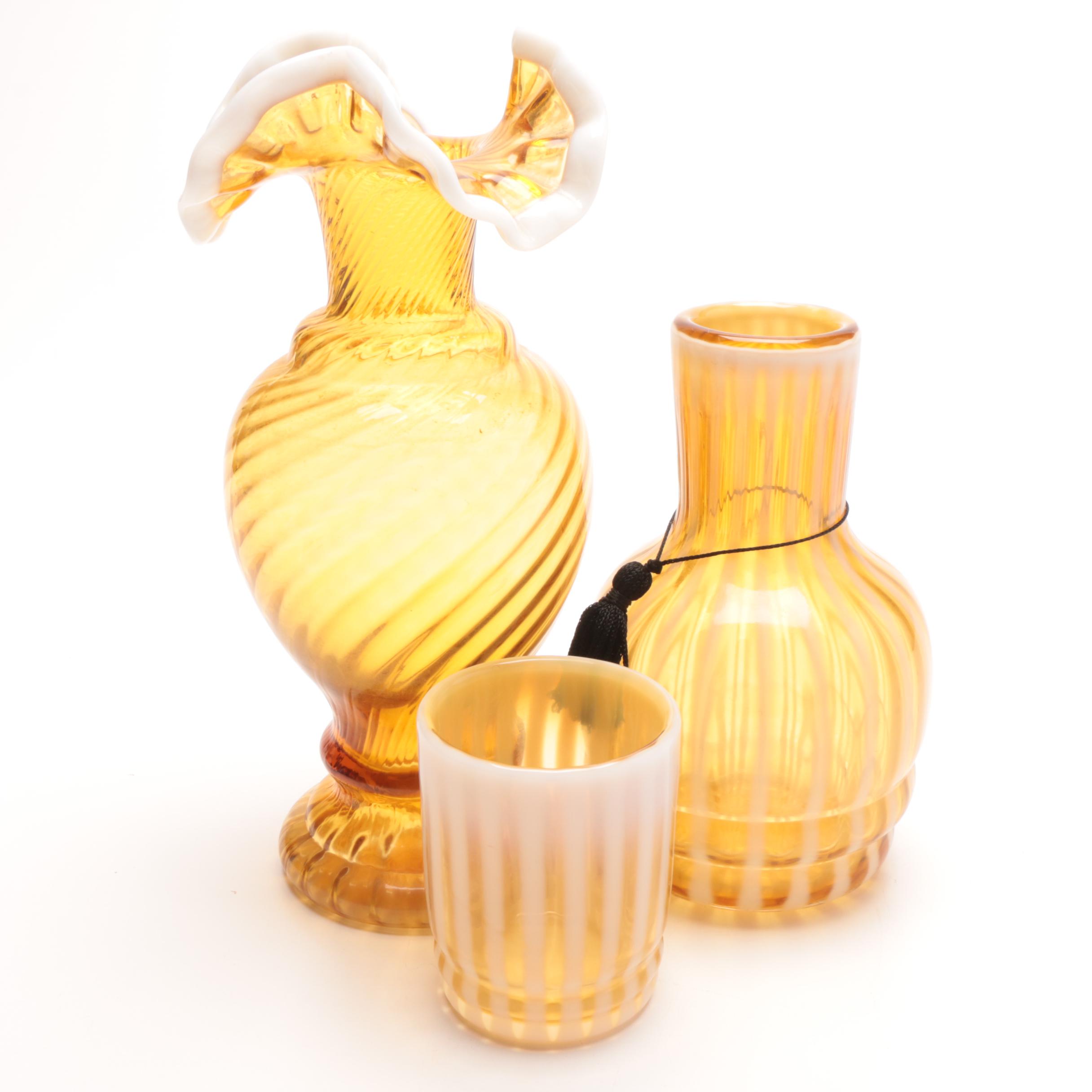 Fenton "Tumble Up" Bedside Carafe and Art Glass Swirl Vase