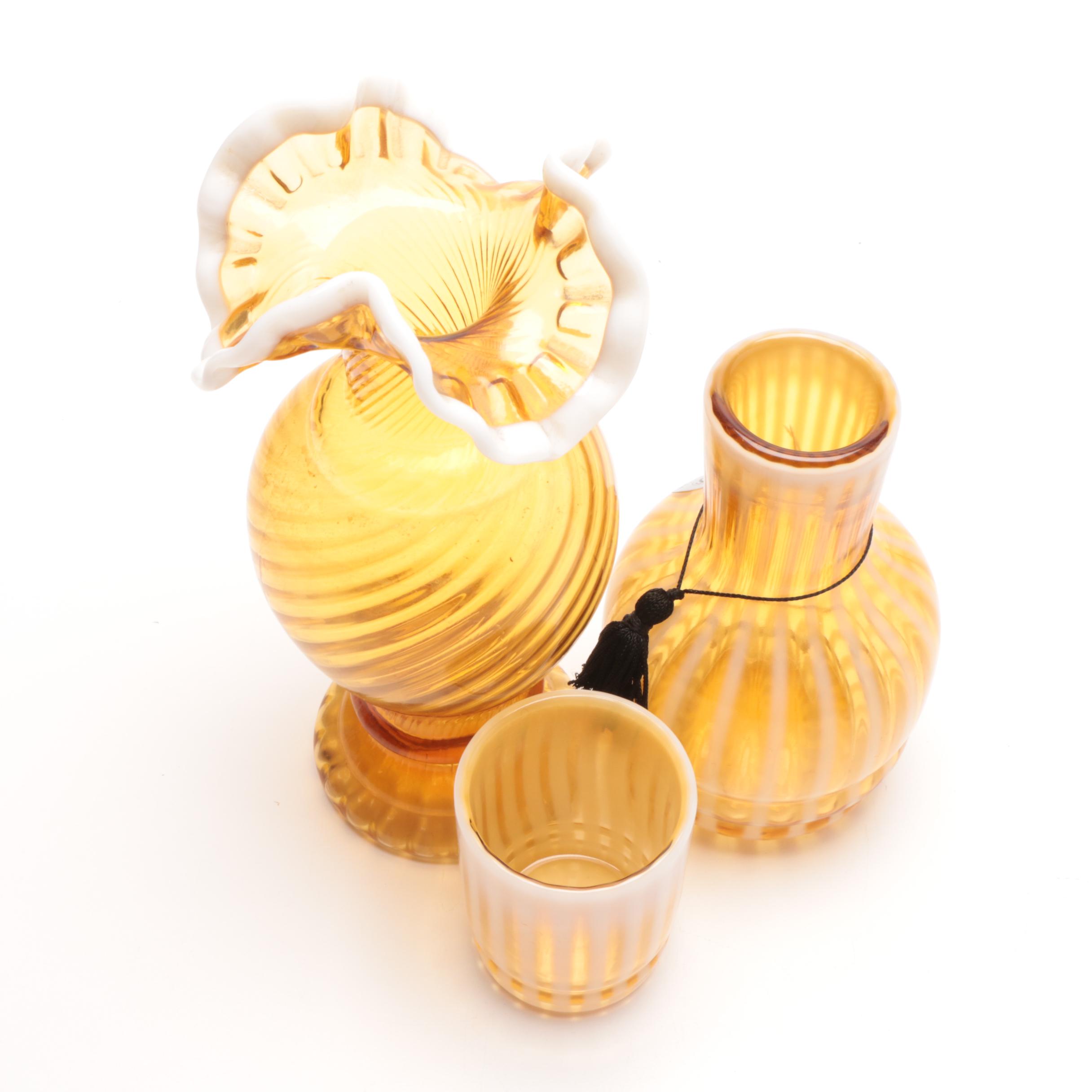 Fenton "Tumble Up" Bedside Carafe and Art Glass Swirl Vase
